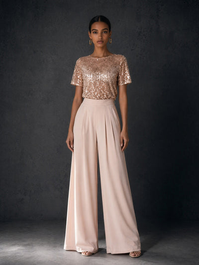 BOLODOO Rose Gold Sequin Top & Blush Wide Leg Pants Two-Piece Set – Short Sleeve Formal Evening Outfit