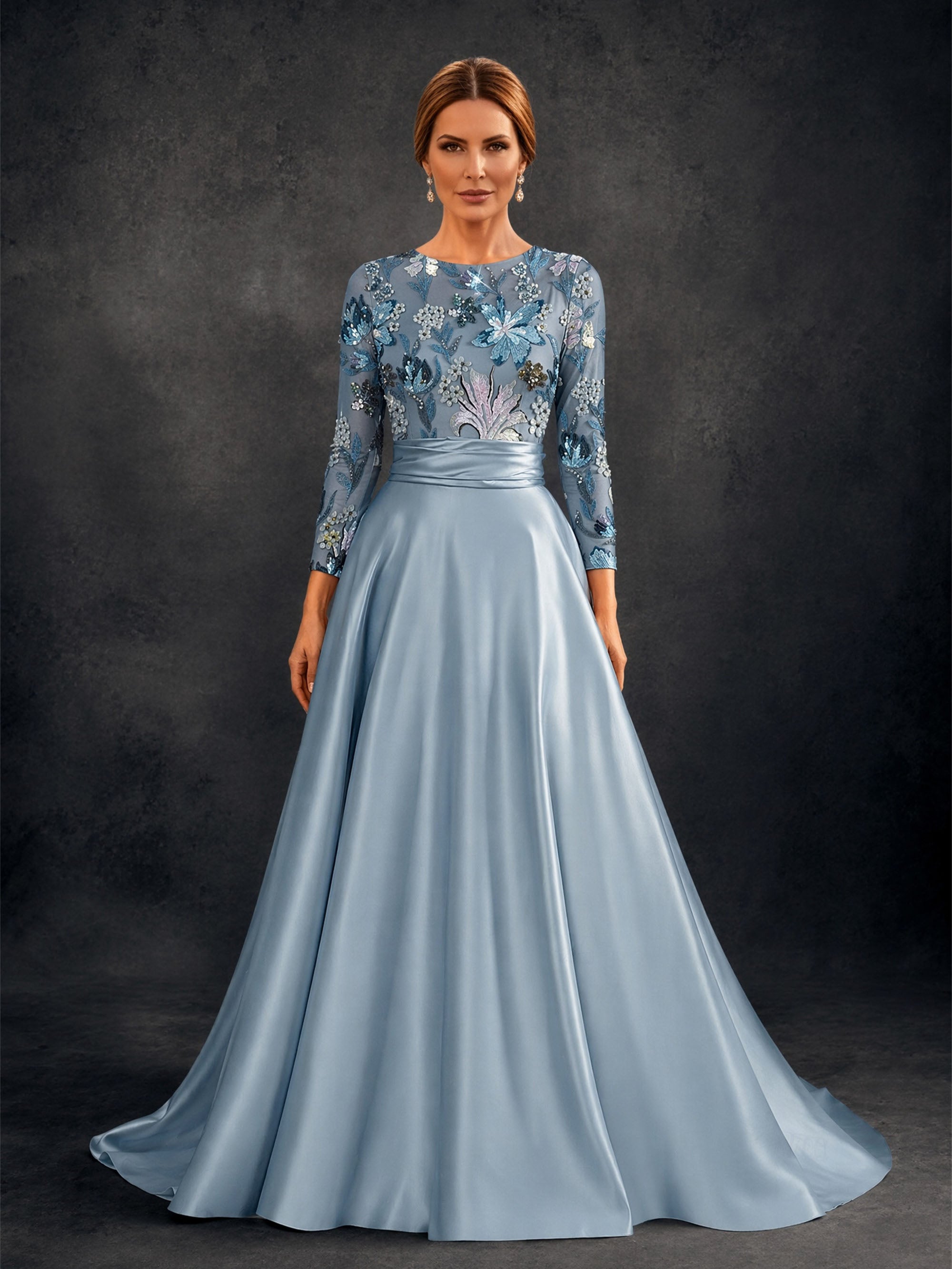 BOLODOO Steel Blue Sequin Illusion Bodice Satin A-Line Gown – Front View Full Length