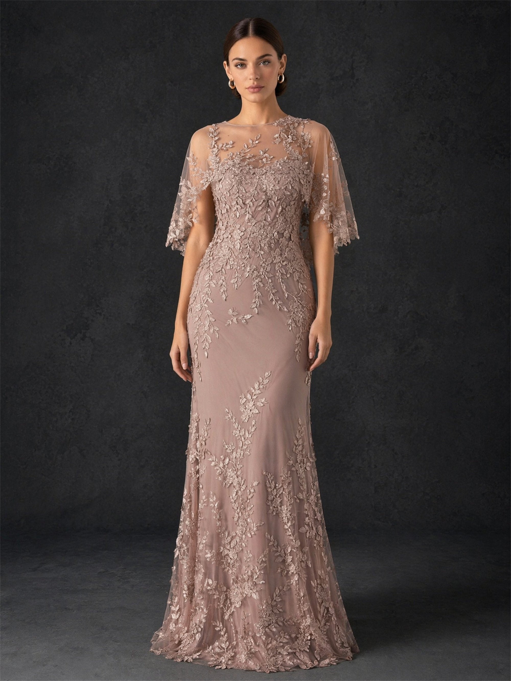 BOLODOO mocha rose lace flutter sleeve mermaid gown - front three-quarter view showing all-over botanical vine leaf lace embroidery and floor-length silhouette