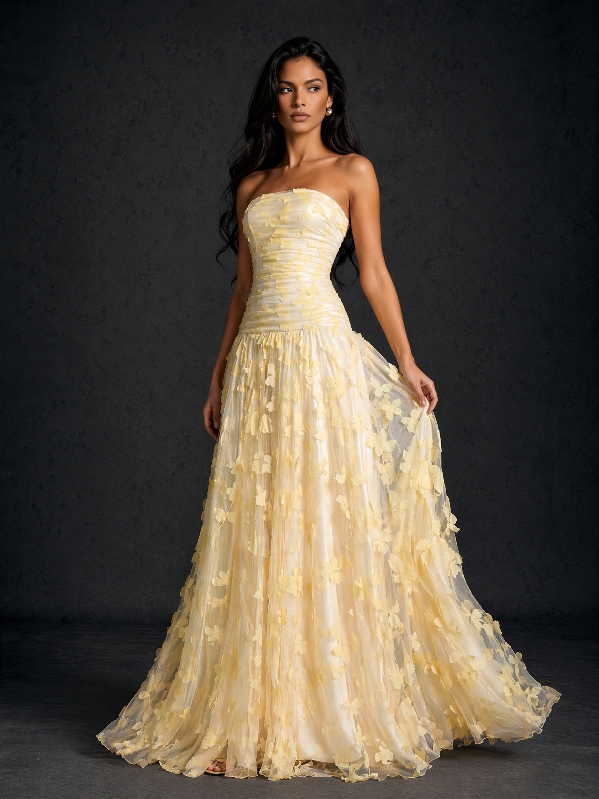 BOLODOO Lemon Yellow 3D Floral Strapless Corset A-Line Maxi Dress - Front Full Length View