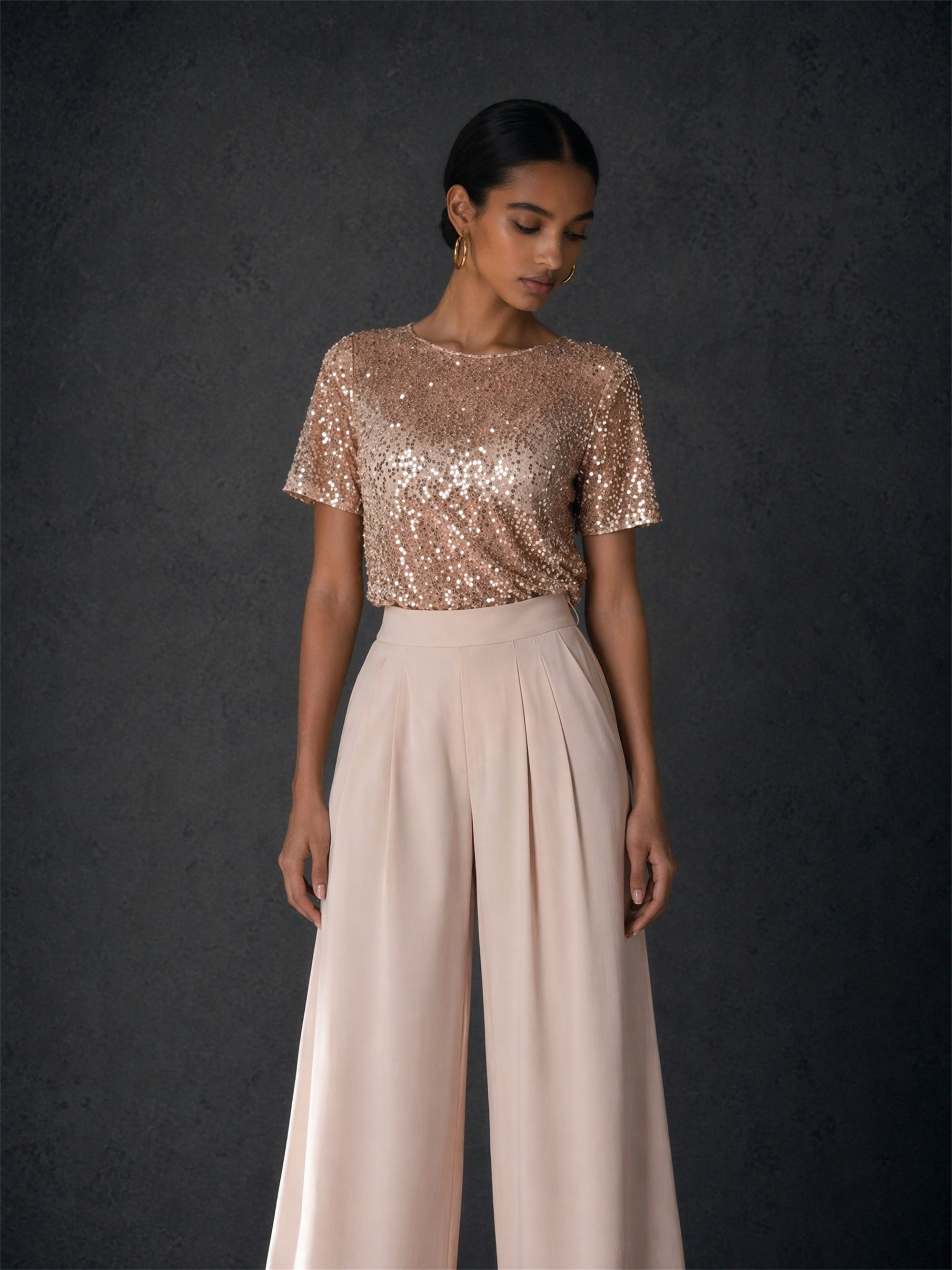 BOLODOO rose gold sequin top blush wide leg pants two-piece set - front half body close-up showing sequin beading detail