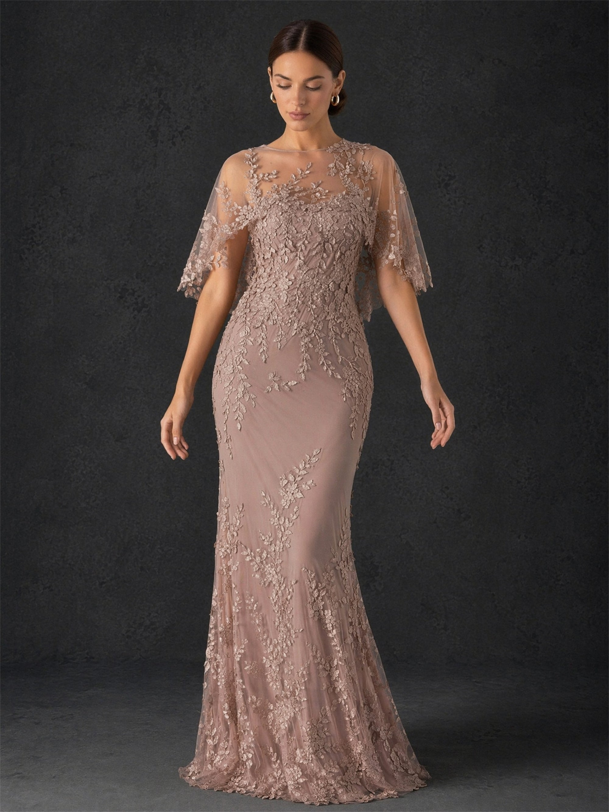 BOLODOO mocha rose botanical lace mermaid gown - front view looking down showing flutter sleeve drape and tonal lace embroidery detail