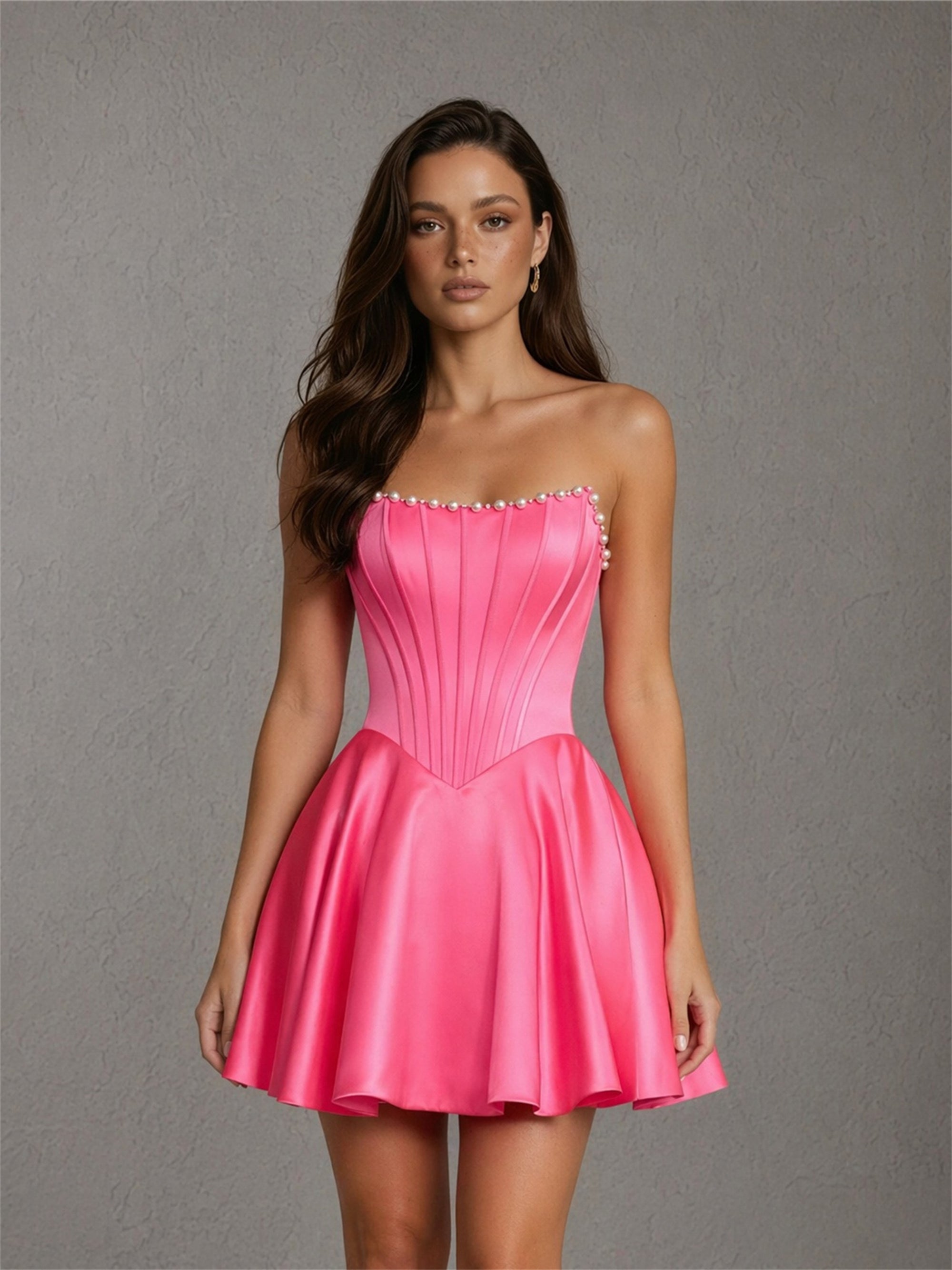 BOLODOO hot pink satin pearl trim strapless sweetheart boned corset fit-and-flare mini dress - front close up bodice and pearl neckline detail
