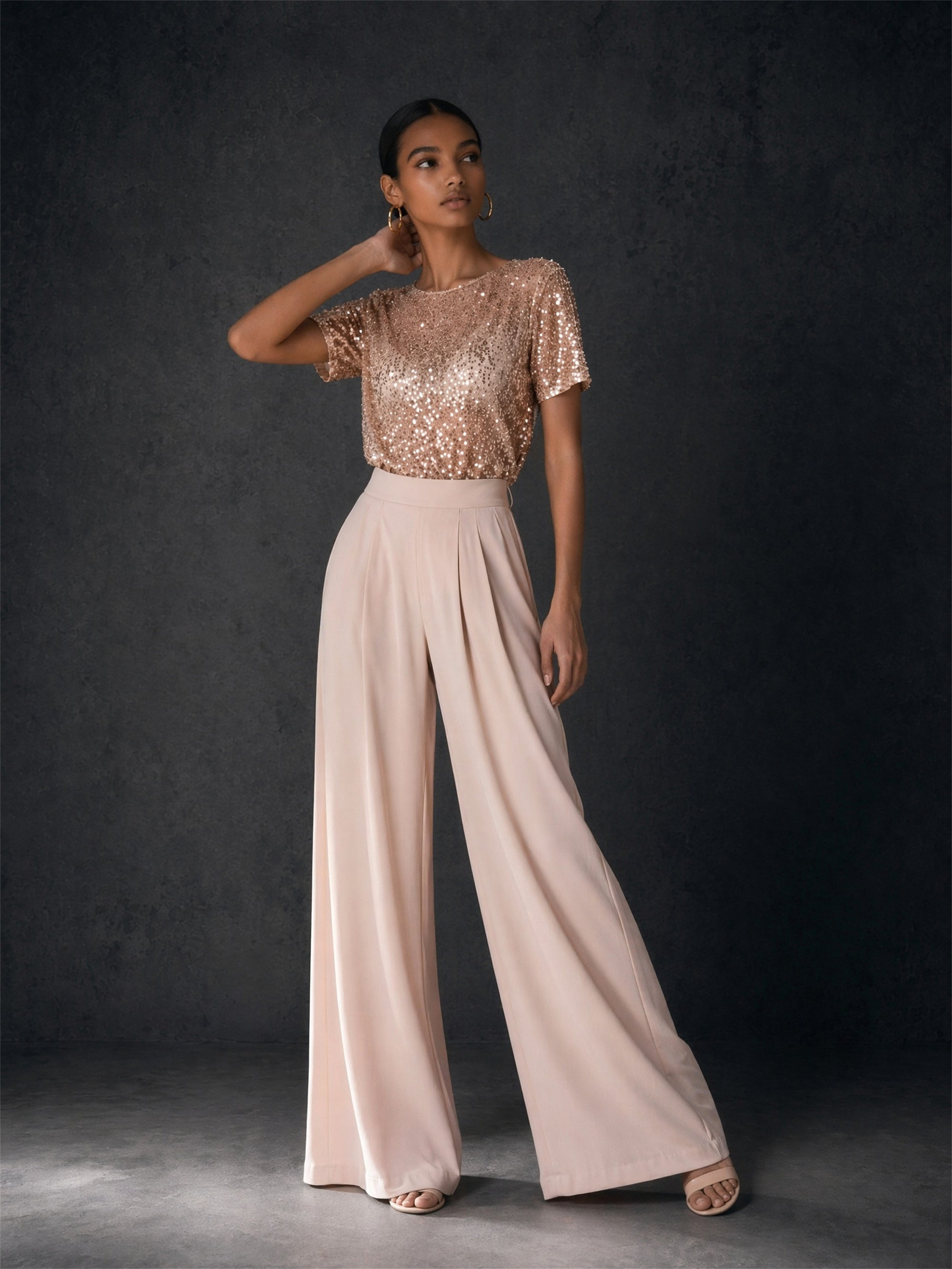 BOLODOO rose gold sequin top blush wide leg pants two-piece set - front full length side pose showing silhouette