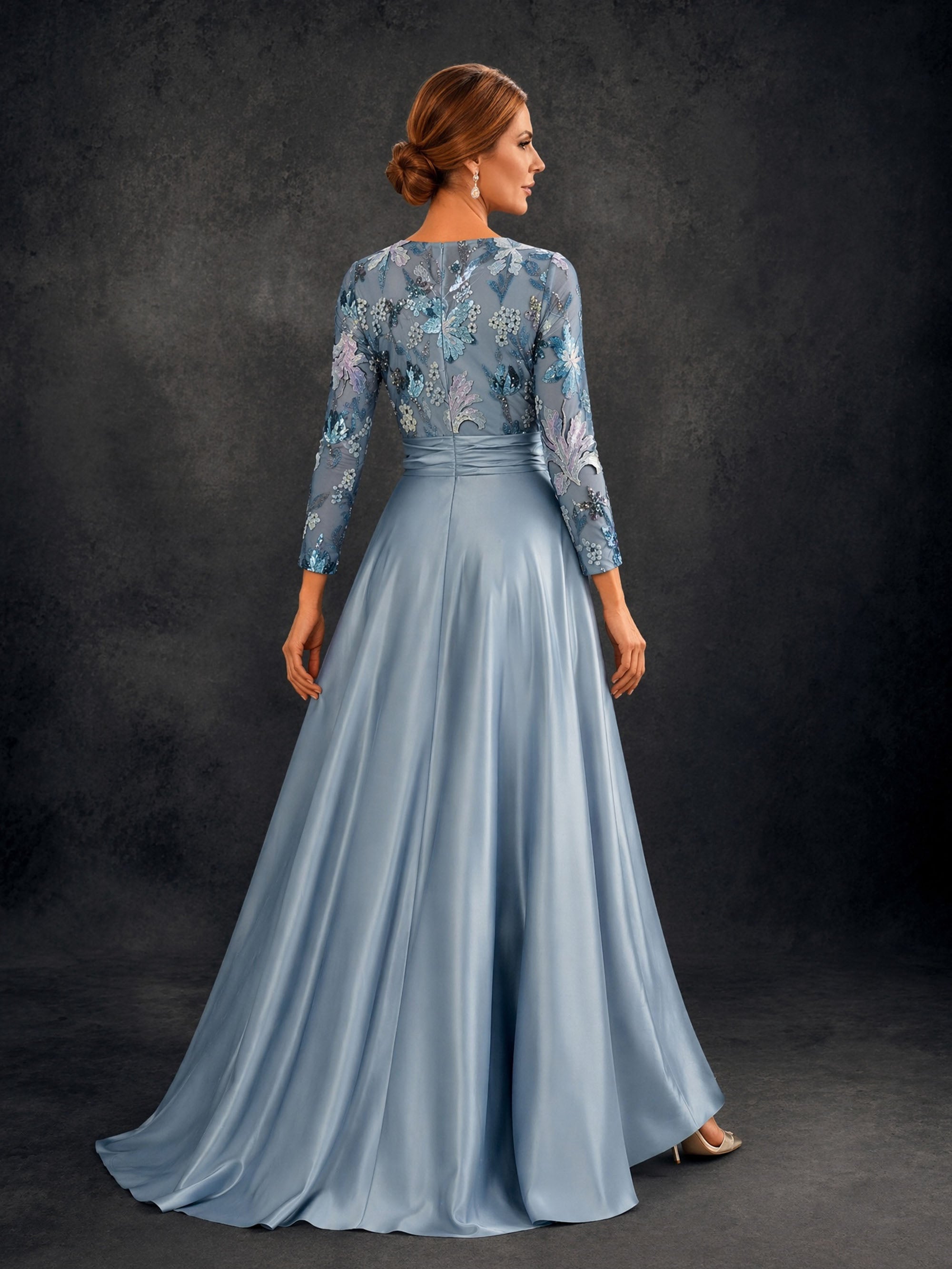 BOLODOO Steel Blue Sequin Illusion Bodice Satin A-Line Gown – Back View Full Length