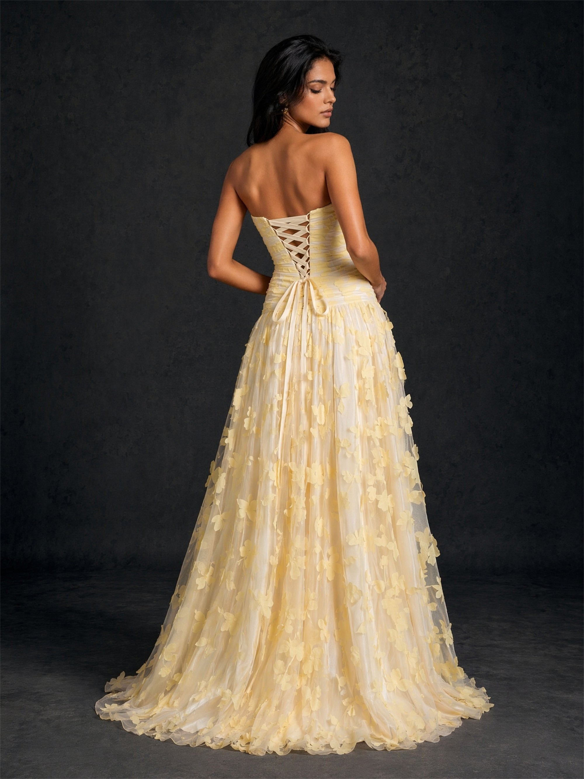 BOLODOO Lemon Yellow 3D Floral Strapless Corset A-Line Maxi Dress - Front Full Length Side Pose showing Sweep Train