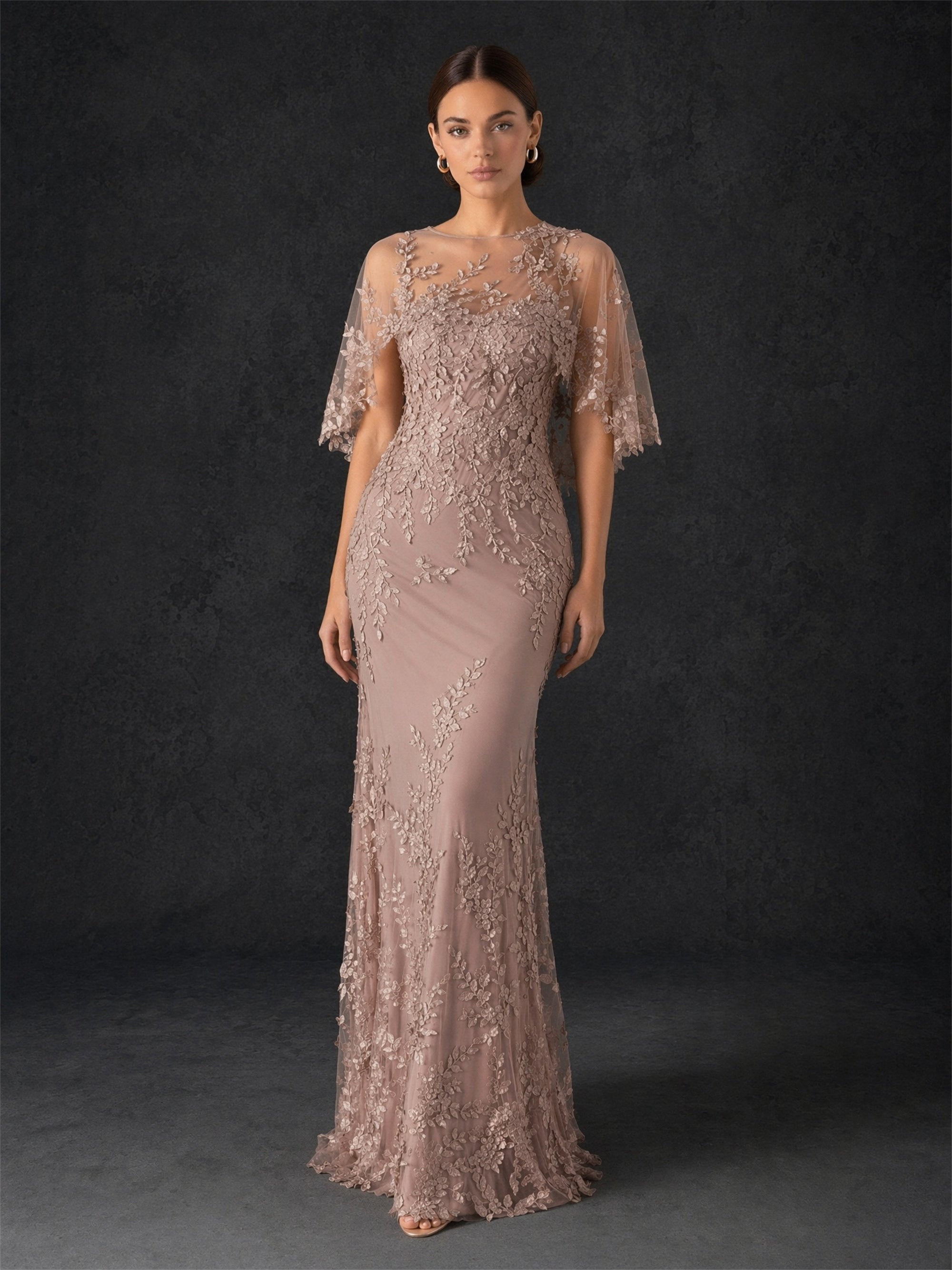 BOLODOO mocha rose botanical lace flutter sleeve mermaid gown - back view showing illusion V-back, sheer embroidered tulle and sweep train