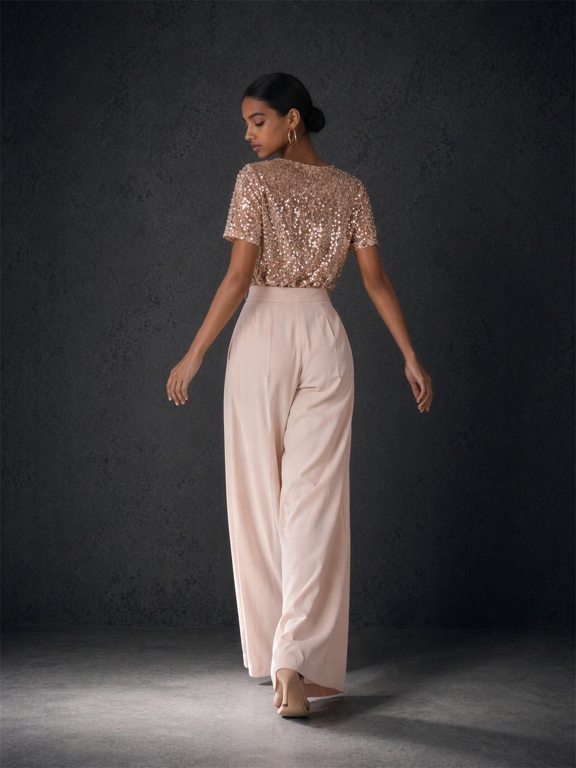 BOLODOO rose gold sequin top blush wide leg pants two-piece set - back full length view showing covered back and wide leg pants