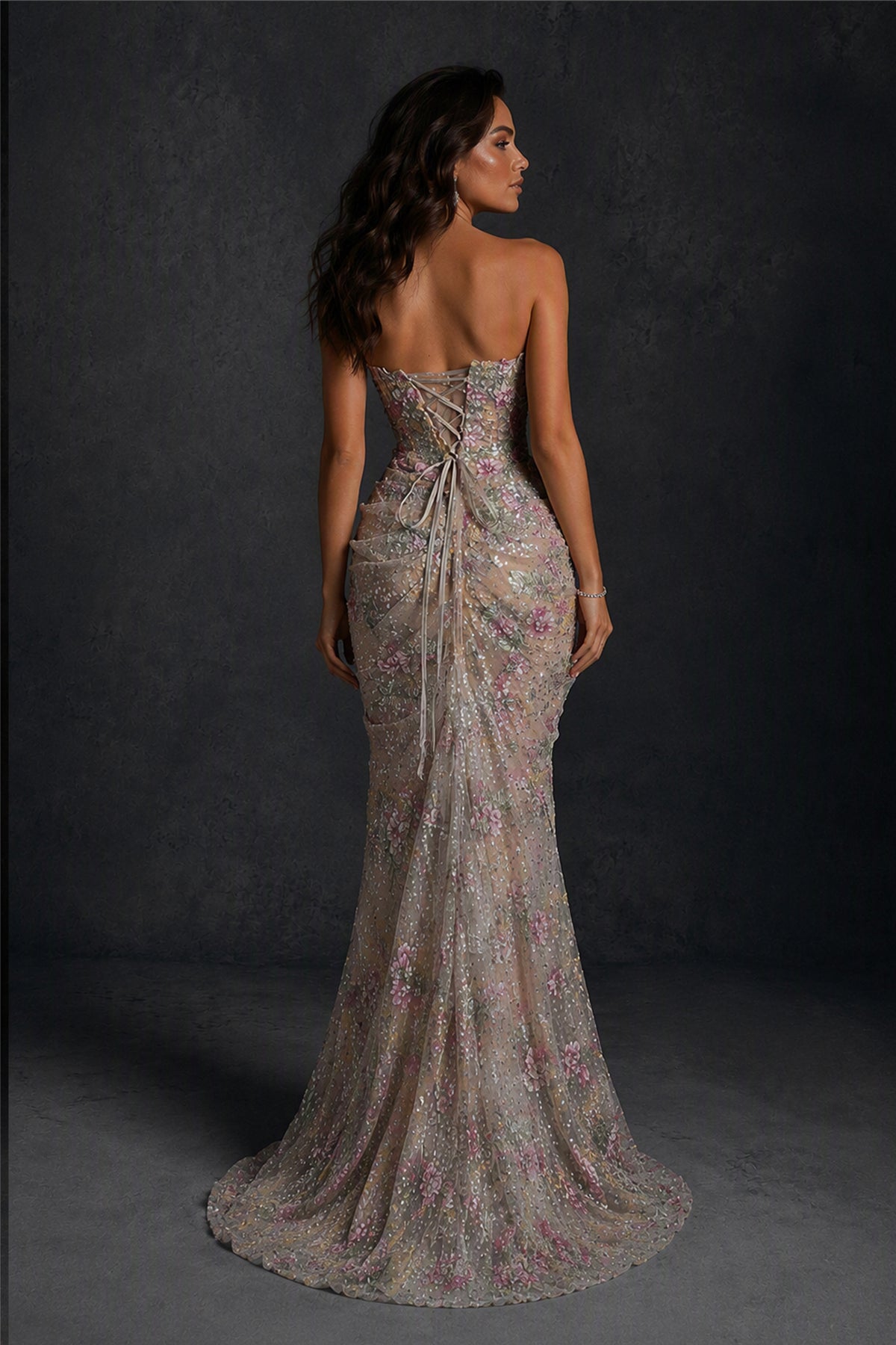 BOLODOO White 3D Floral Sequin Strapless Mermaid Evening Gown with Sweep Train 