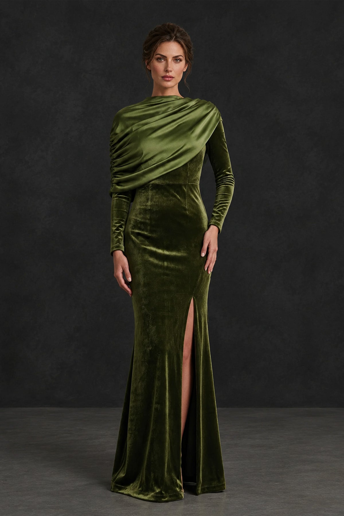 Full front view of BOLODOO olive green evening gown showing draped shoulders and floor-length skirt