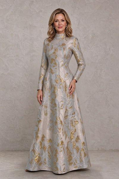 BOLODOO Light Blue Floral Jacquard Long Sleeve Evening Gown 