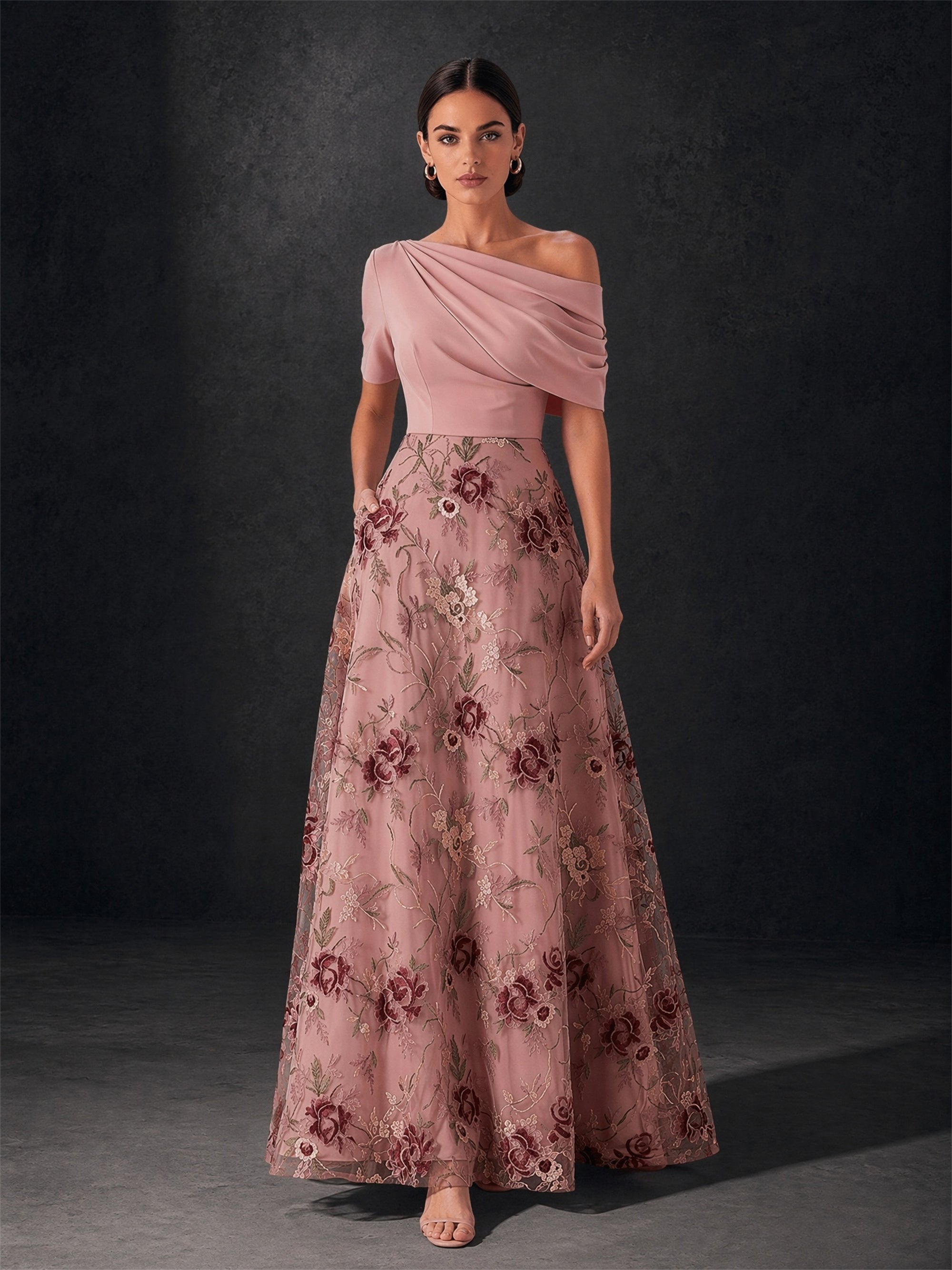 BOLODOO blush pink off-shoulder satin and burgundy floral embroidered tulle A-line gown - front full body view showing asymmetric drape bodice and embroidered skirt