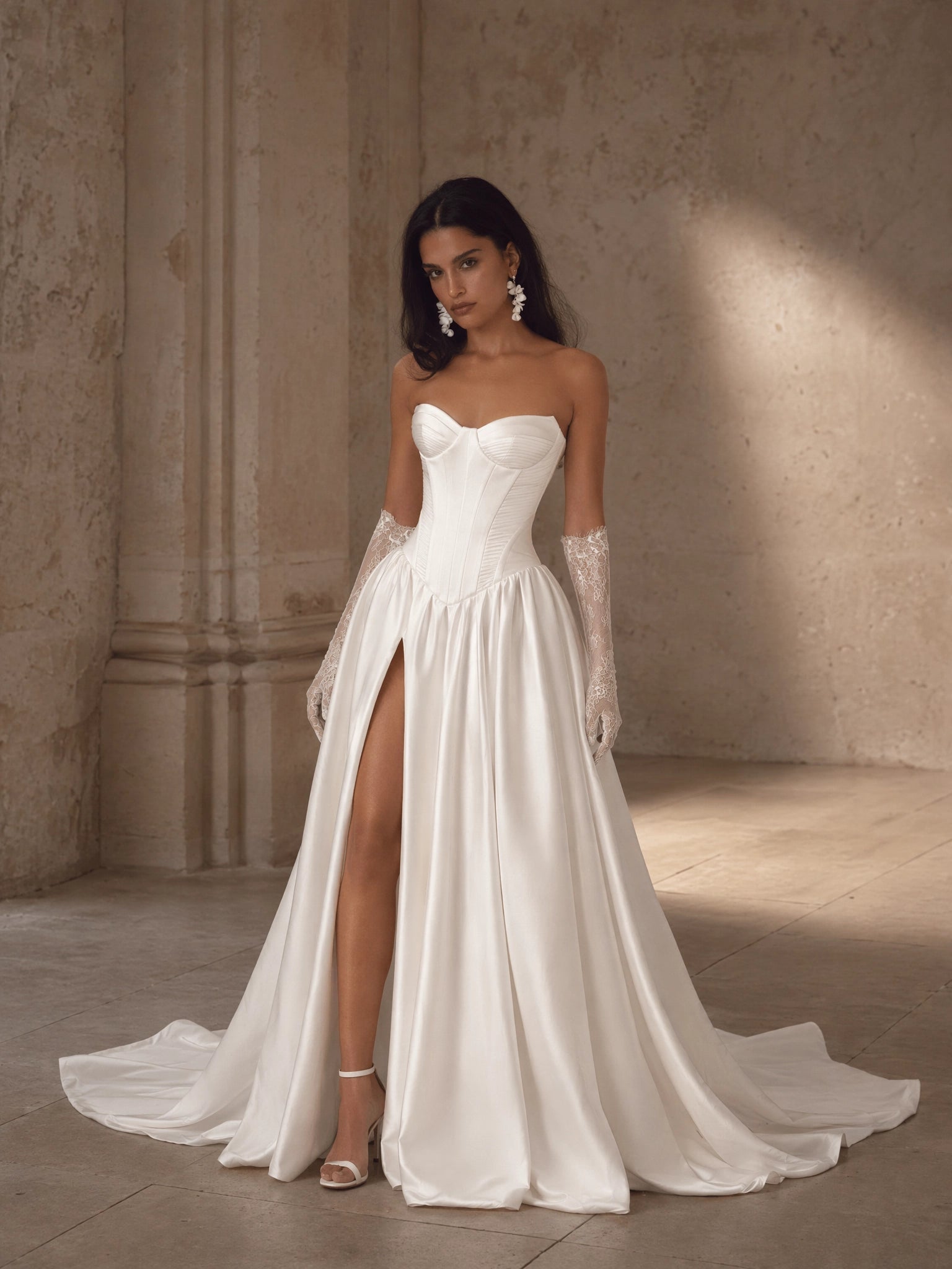 BOLODOO Ivory Strapless Sweetheart Boned Corset Satin A-Line Wedding Gown - full front view with high slit and lace gloves