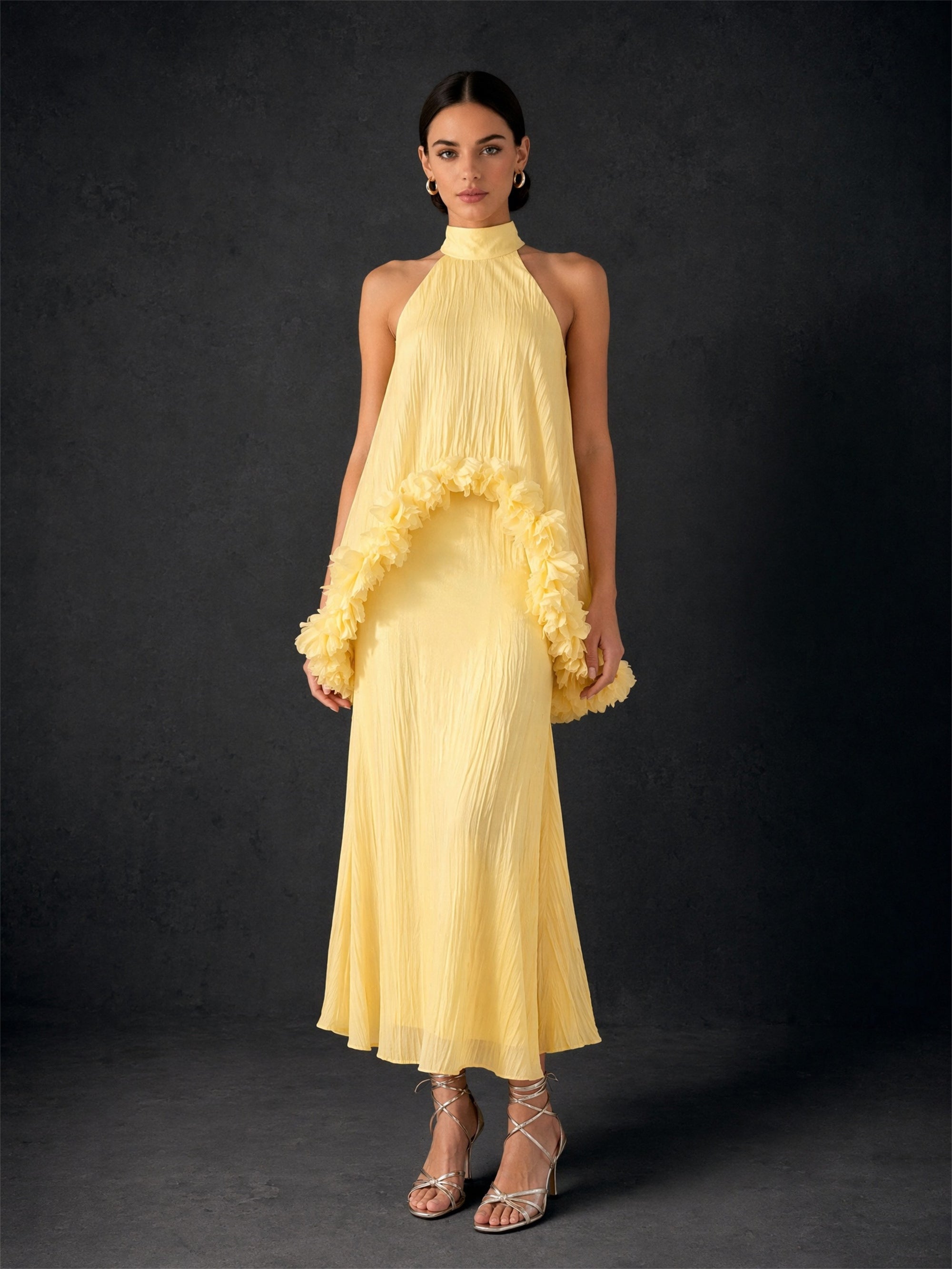 BOLODOO Lemon Yellow Crinkle Chiffon Halter 3D Floral Ruffle Cape Midi Dress - Front Upper Body Close Up showing High Neck and 3D Floral Detail
