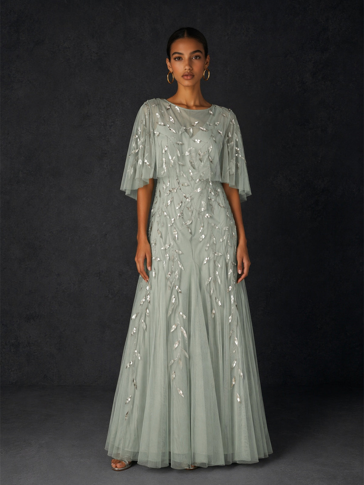 BOLODOO Sage Green Sequin Leaf Embroidered Flutter Sleeve Maxi Dress – A-Line Floor Length Mother of the Bride Gown