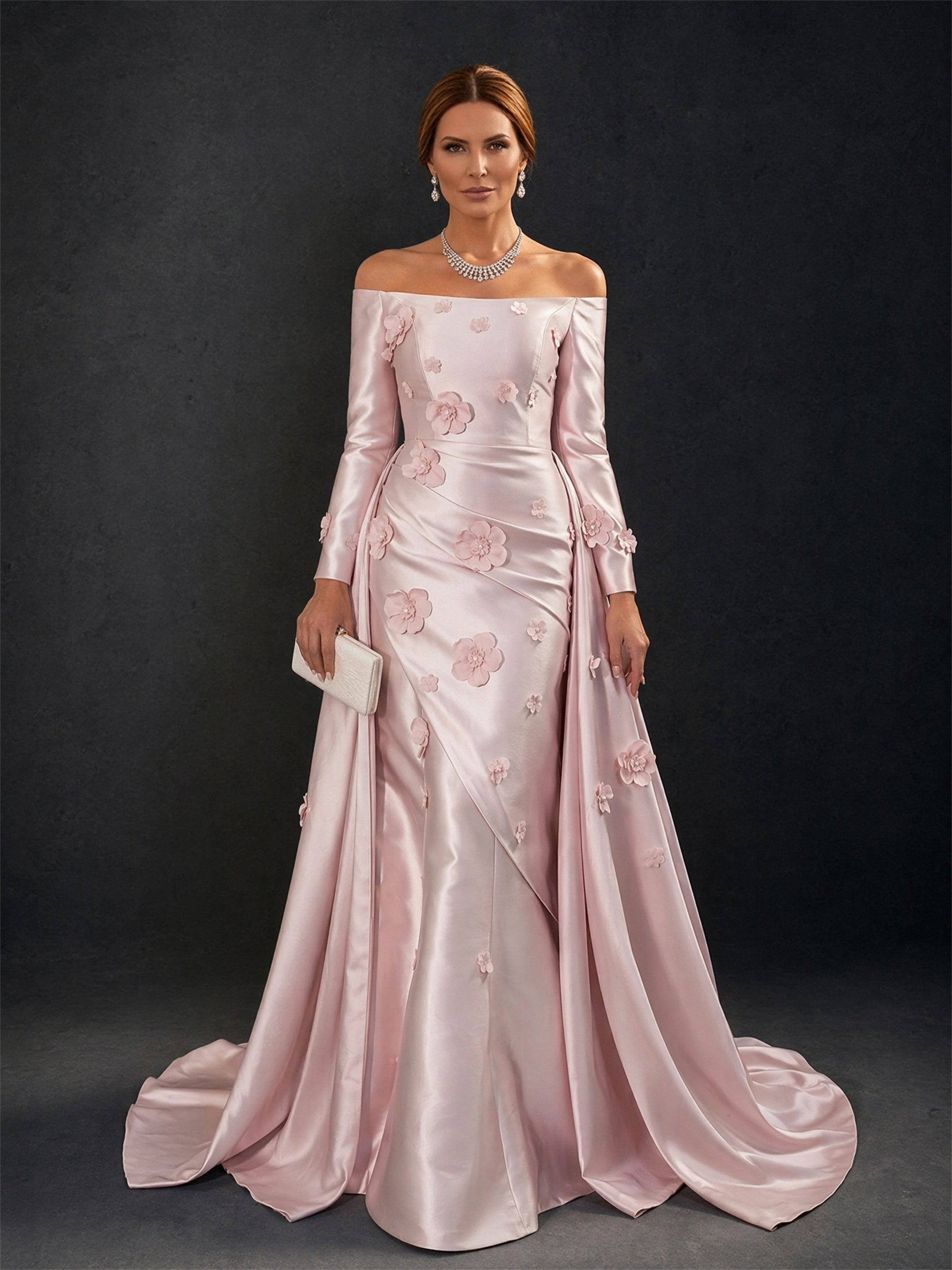 BOLODOO Blush Pink Off-Shoulder Long Sleeve 3D Floral Satin Mermaid Gown – Front View Full Length with Overskirt Train