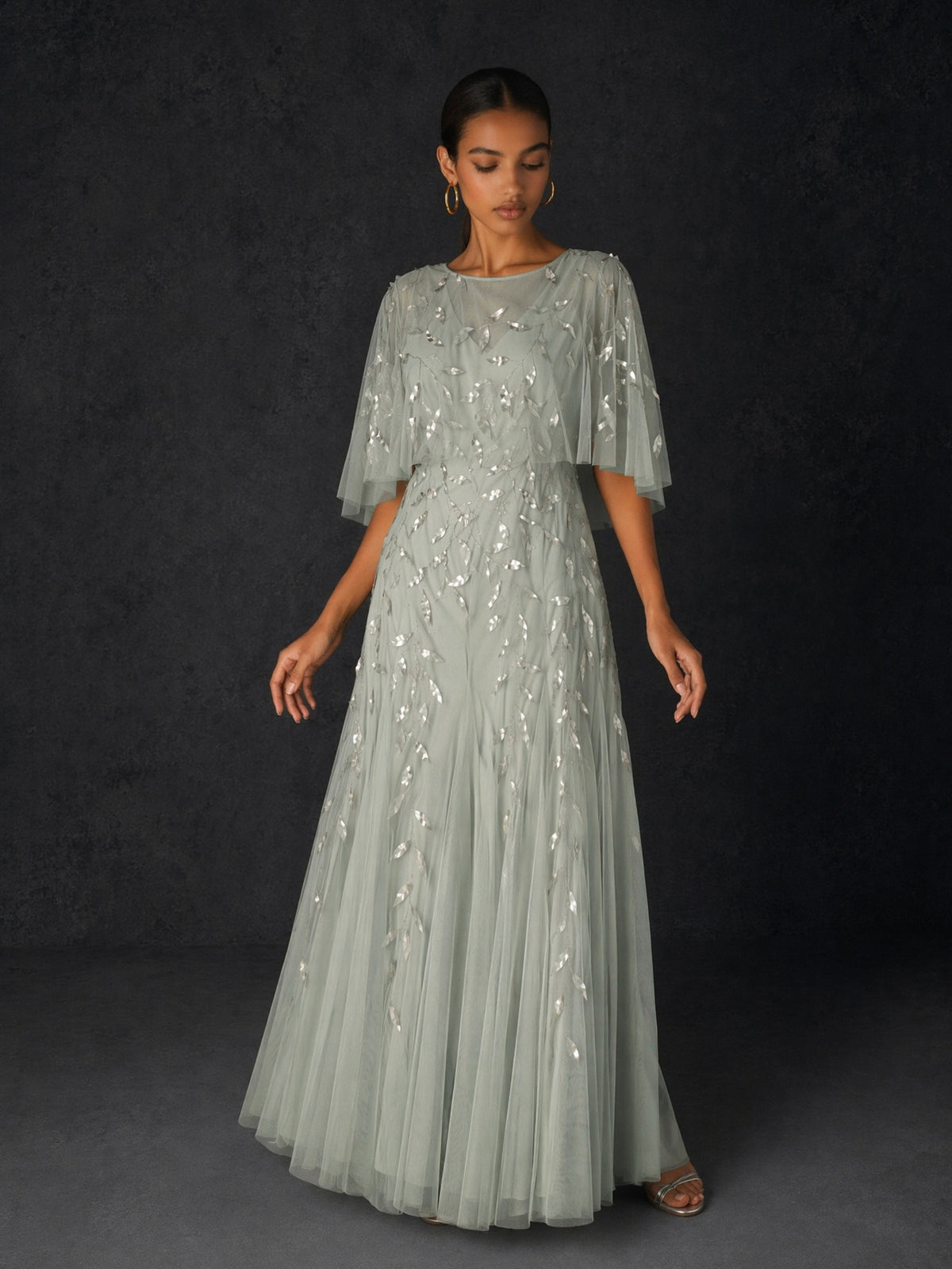 BOLODOO Sage Green Sequin Leaf Embroidered Flutter Sleeve Maxi Dress – A-Line Floor Length Mother of the Bride Gown