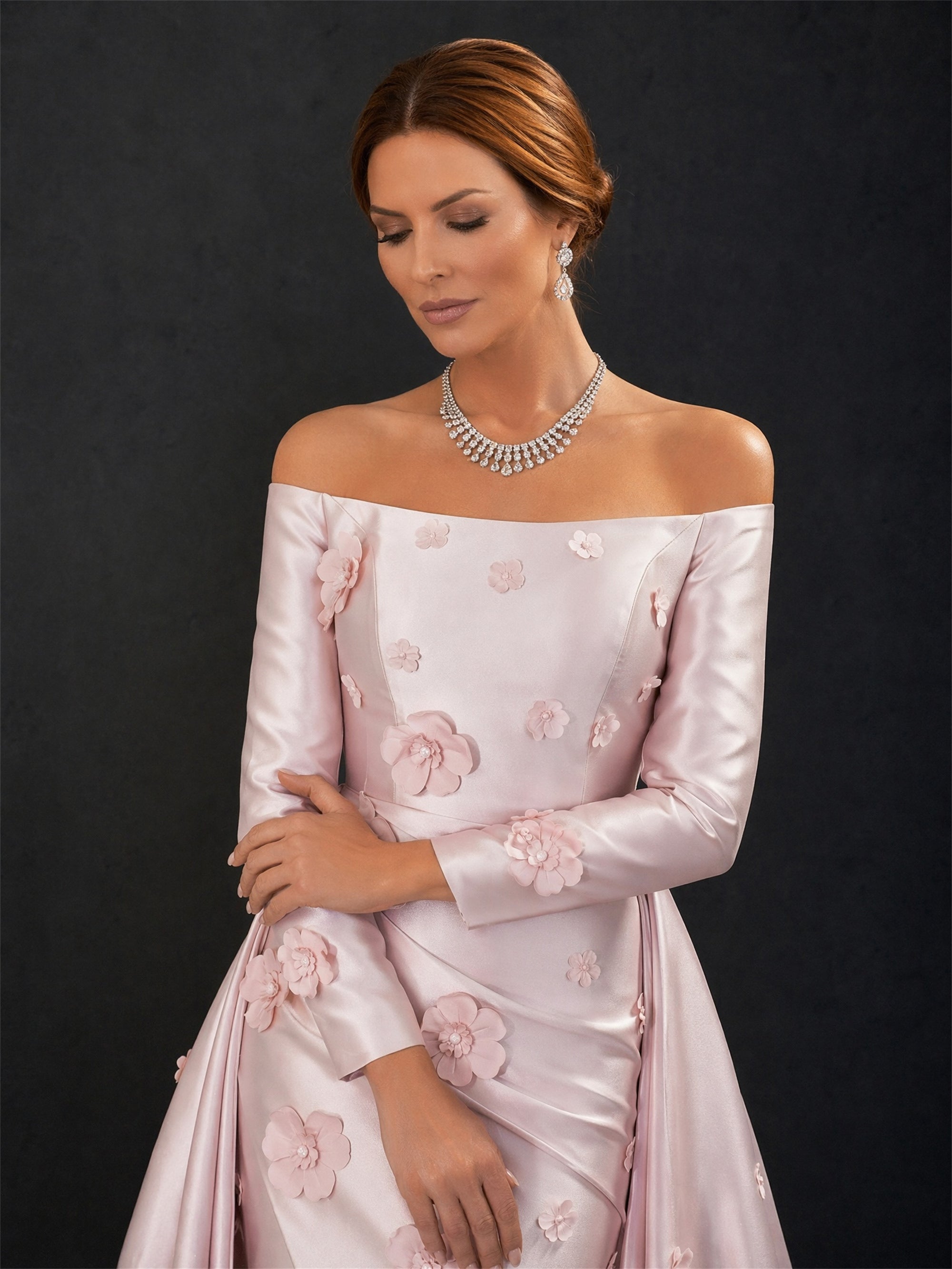 BOLODOO Blush Pink Off-Shoulder Long Sleeve 3D Floral Satin Mermaid Gown – Upper Body Off-Shoulder & 3D Floral Close-Up