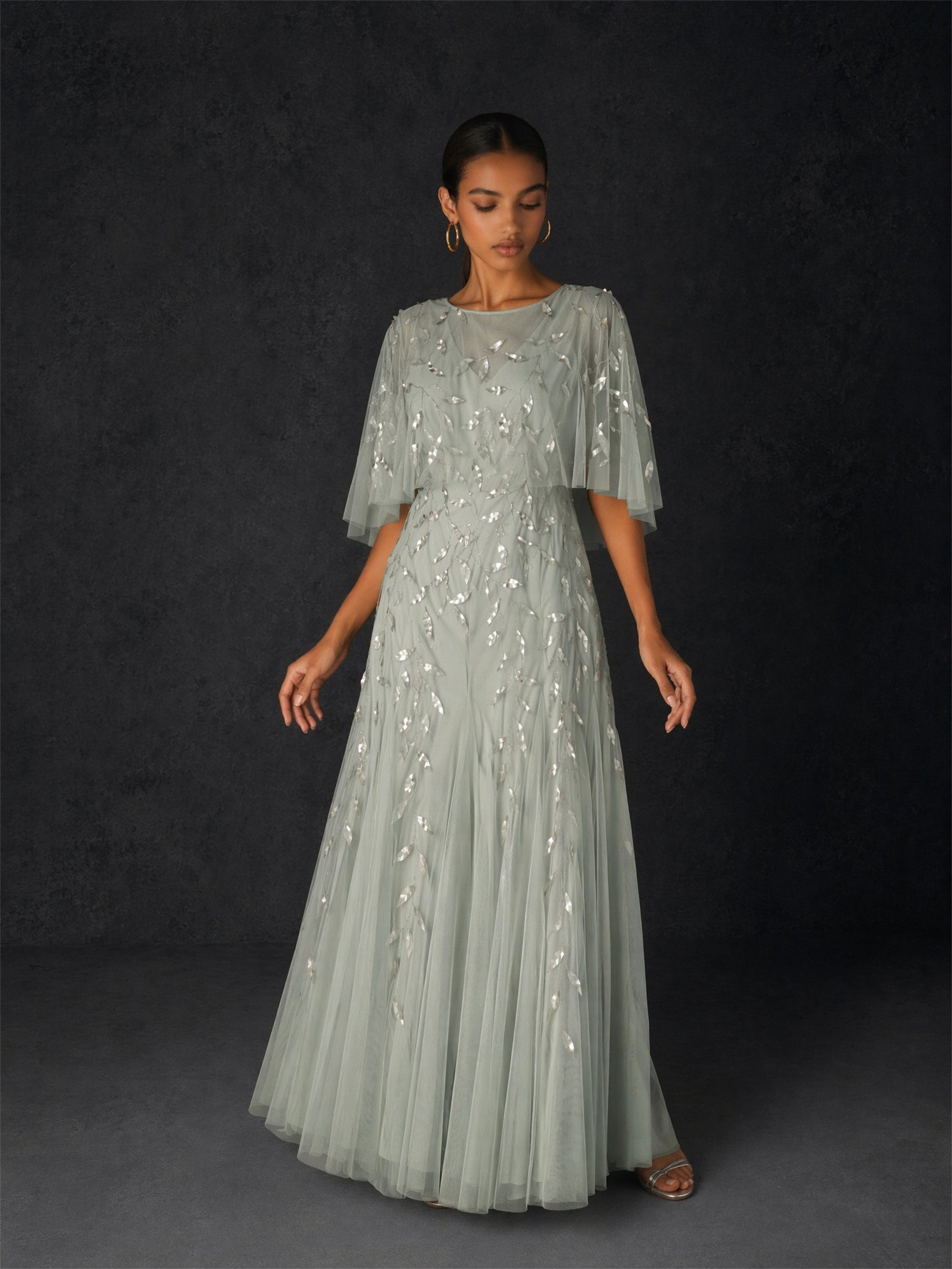 BOLODOO sage green sequin leaf embroidered flutter sleeve maxi dress - front full length standard pose showing A-line silhouette