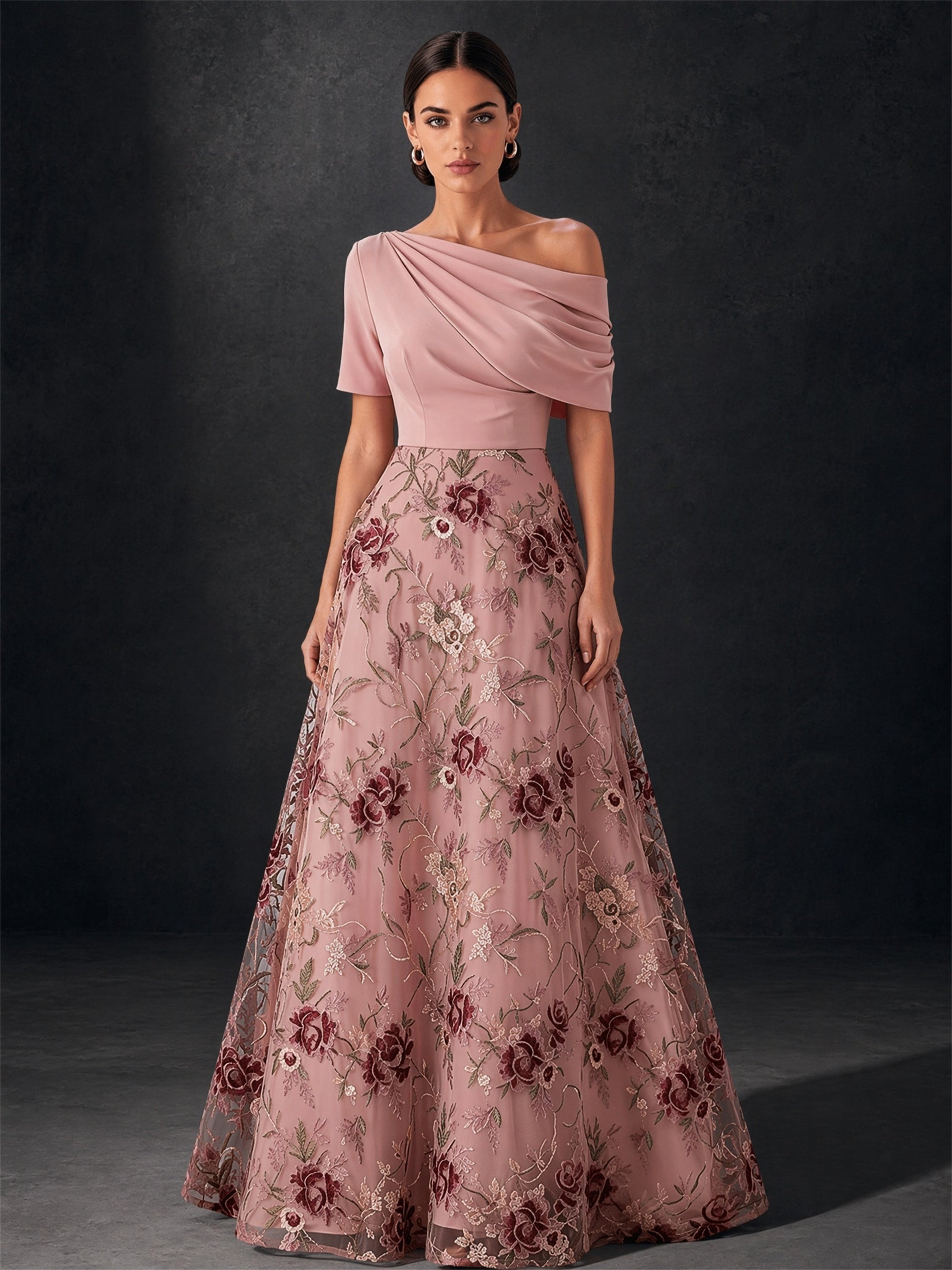 BOLODOO blush pink off-shoulder satin and burgundy floral embroidered tulle gown - back view showing off-shoulder low back, concealed zipper and full A-line tulle skirt