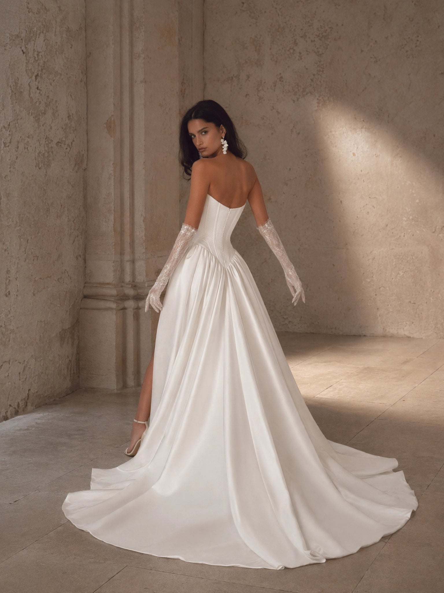 BOLODOO Ivory Strapless Sweetheart Boned Corset Satin A-Line Wedding Gown - back view open back with train