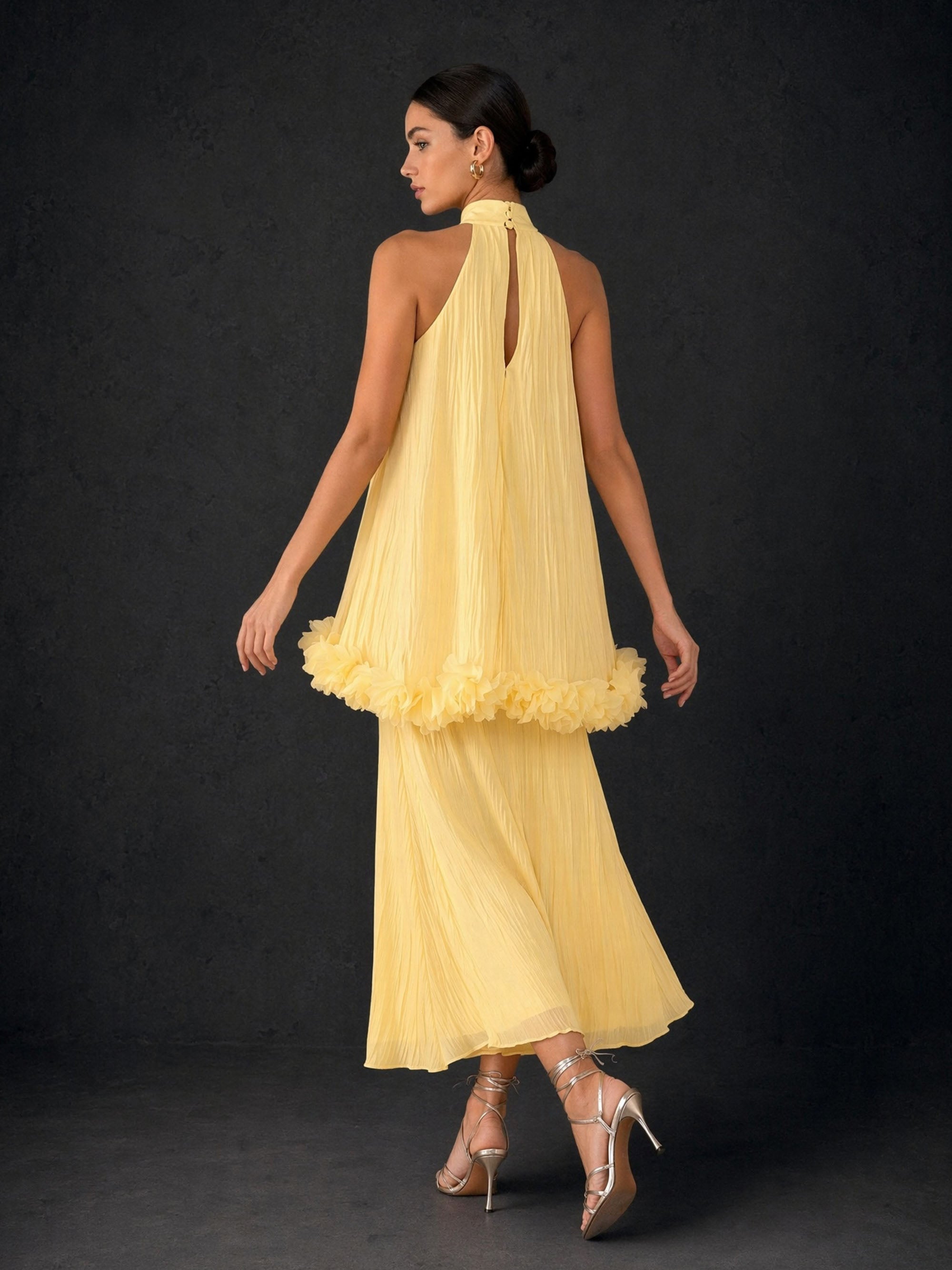 BOLODOO Lemon Yellow Crinkle Chiffon Halter 3D Floral Ruffle Cape Midi Dress - Front Three Quarter View showing Cape Overlay