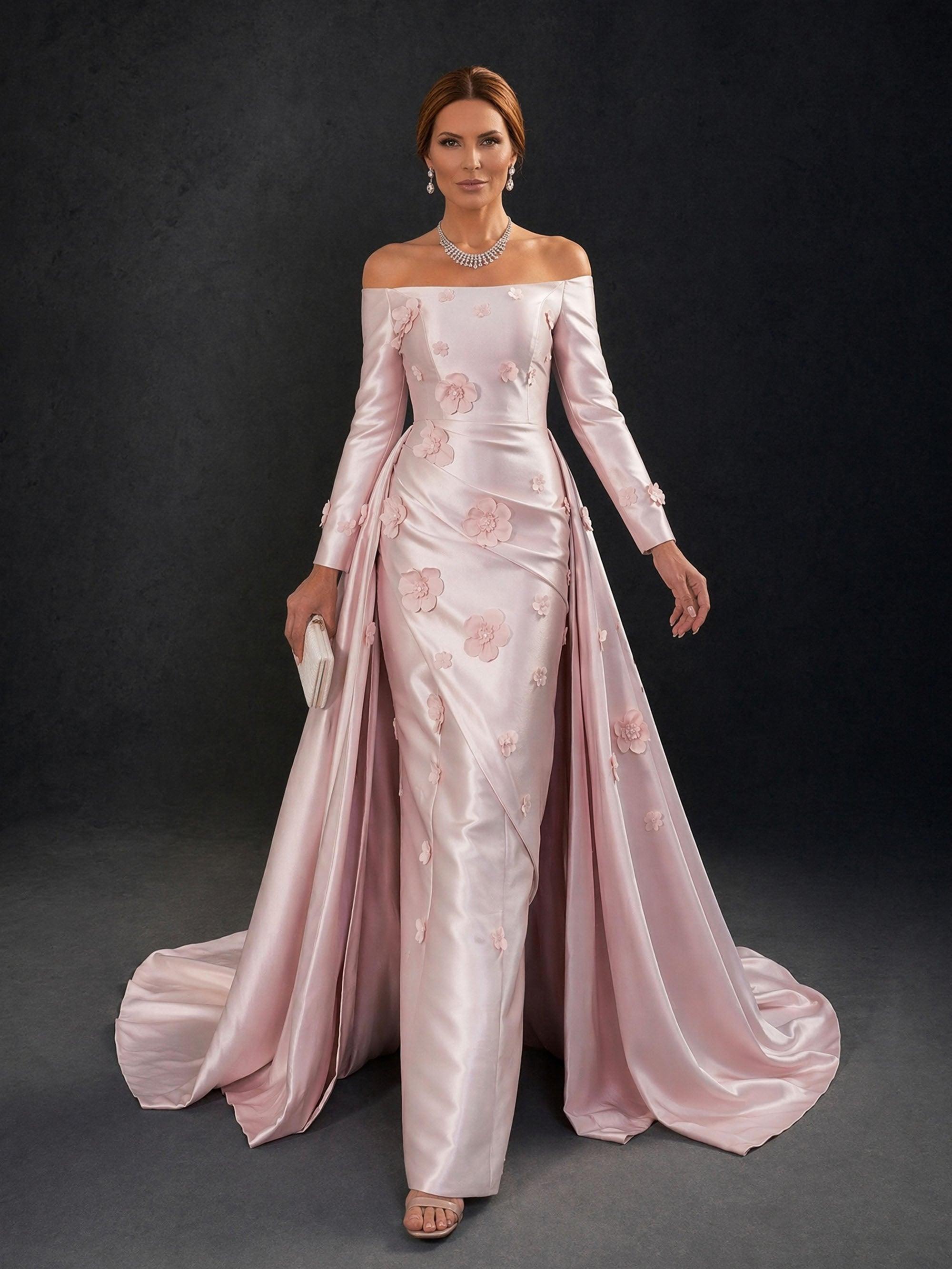 BOLODOO Blush Pink Off-Shoulder Long Sleeve 3D Floral Satin Mermaid Gown – Front View Showing Draped Overskirt