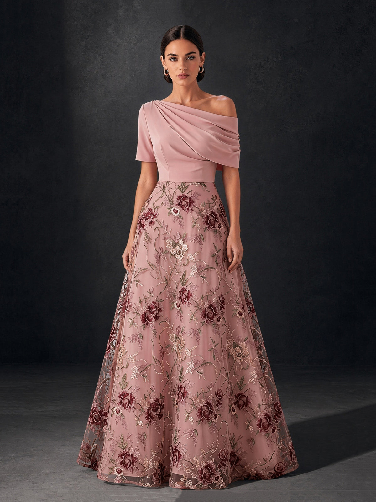 BOLODOO Blush Pink Off-Shoulder Draped Satin & Burgundy Floral Embroidered Tulle A-Line Gown – Short Sleeve Floor Length