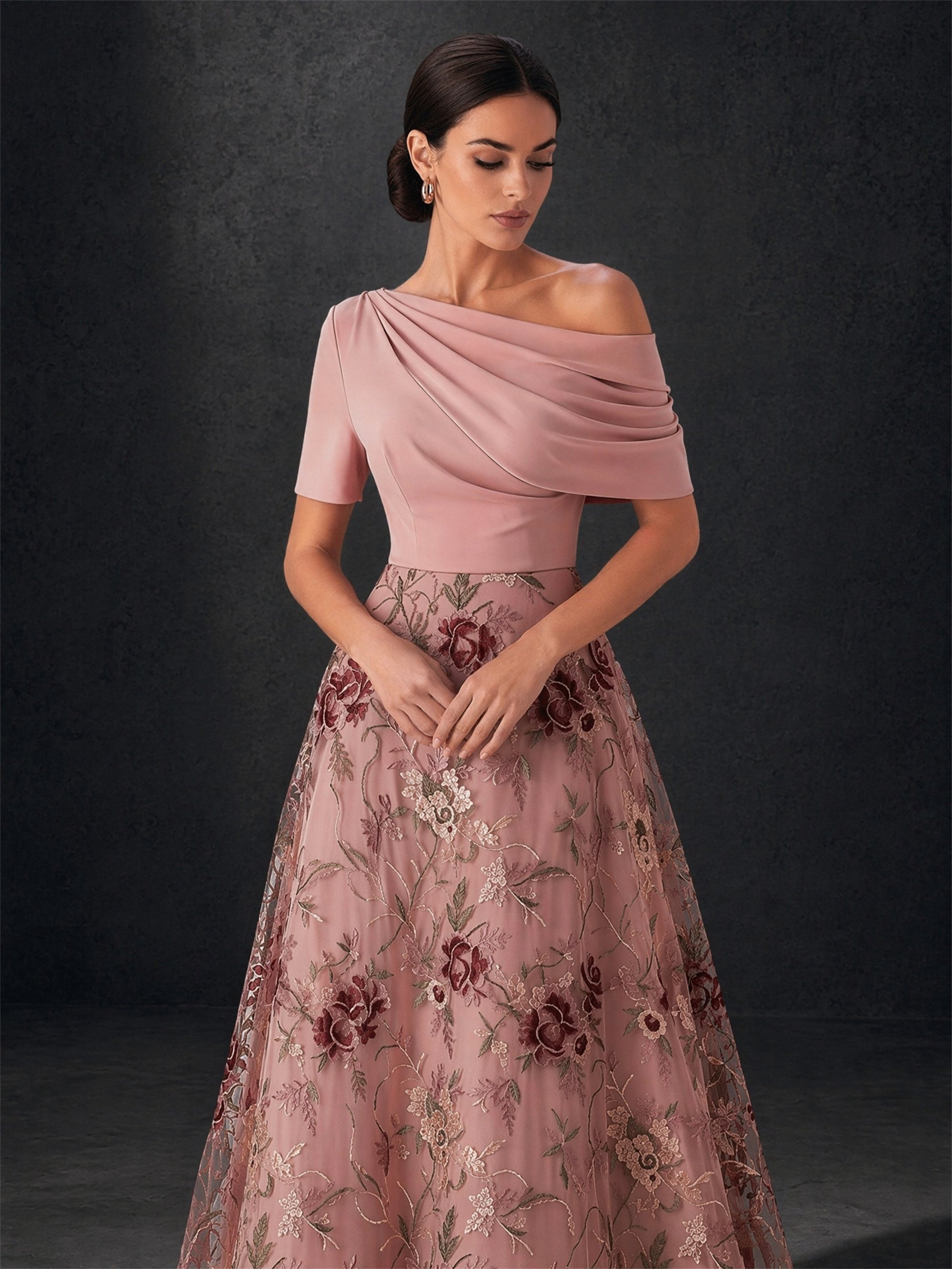 BOLODOO blush pink off-shoulder satin gown with burgundy floral tulle skirt - front full body standing view showing complete A-line silhouette