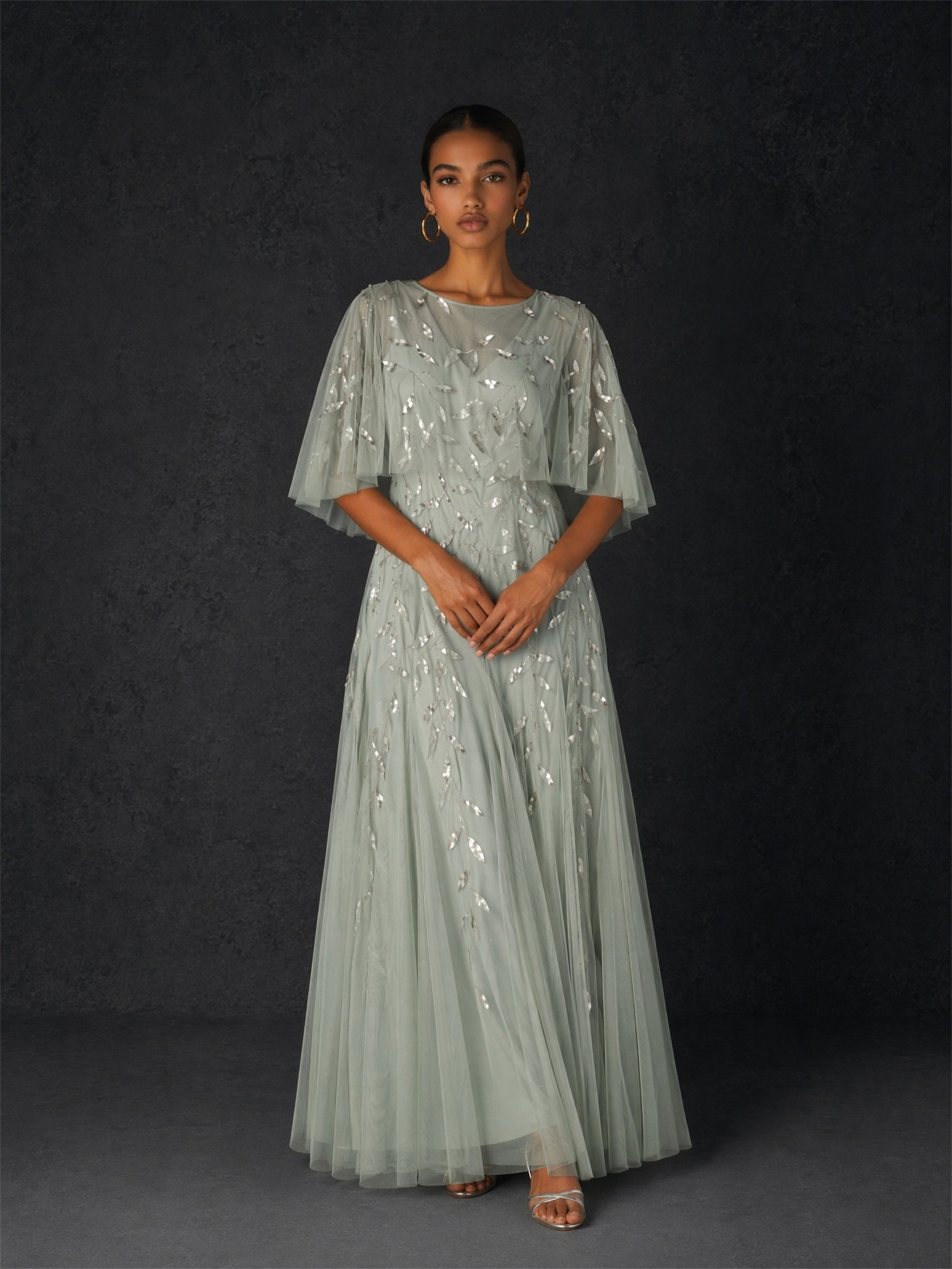 BOLODOO sage green sequin leaf embroidered flutter sleeve maxi dress - back full length view showing covered back and flared tulle skirt