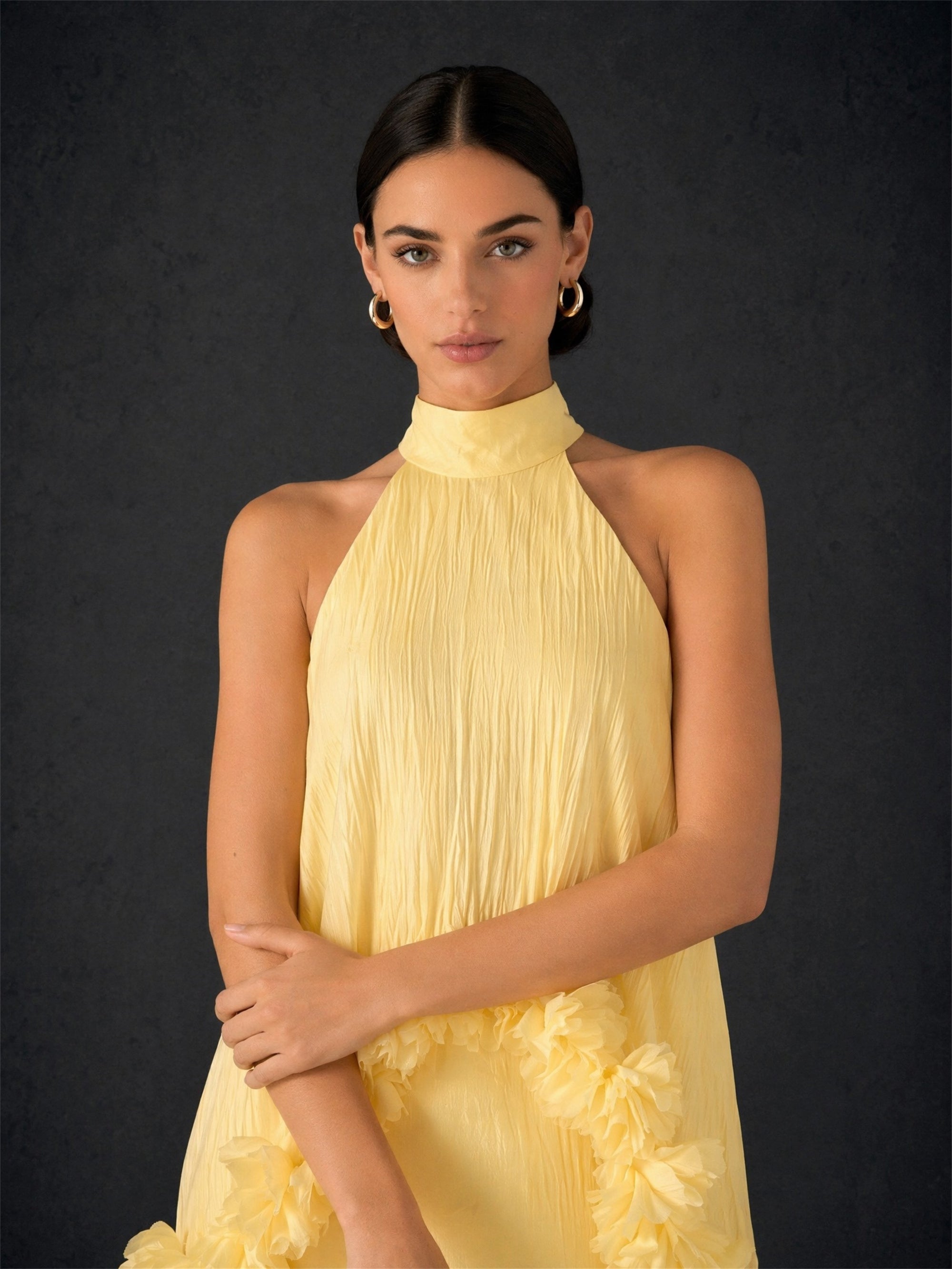 BOLODOO Lemon Yellow Crinkle Chiffon Halter 3D Floral Ruffle Cape Midi Dress - Back View showing Keyhole Open Back and Cape