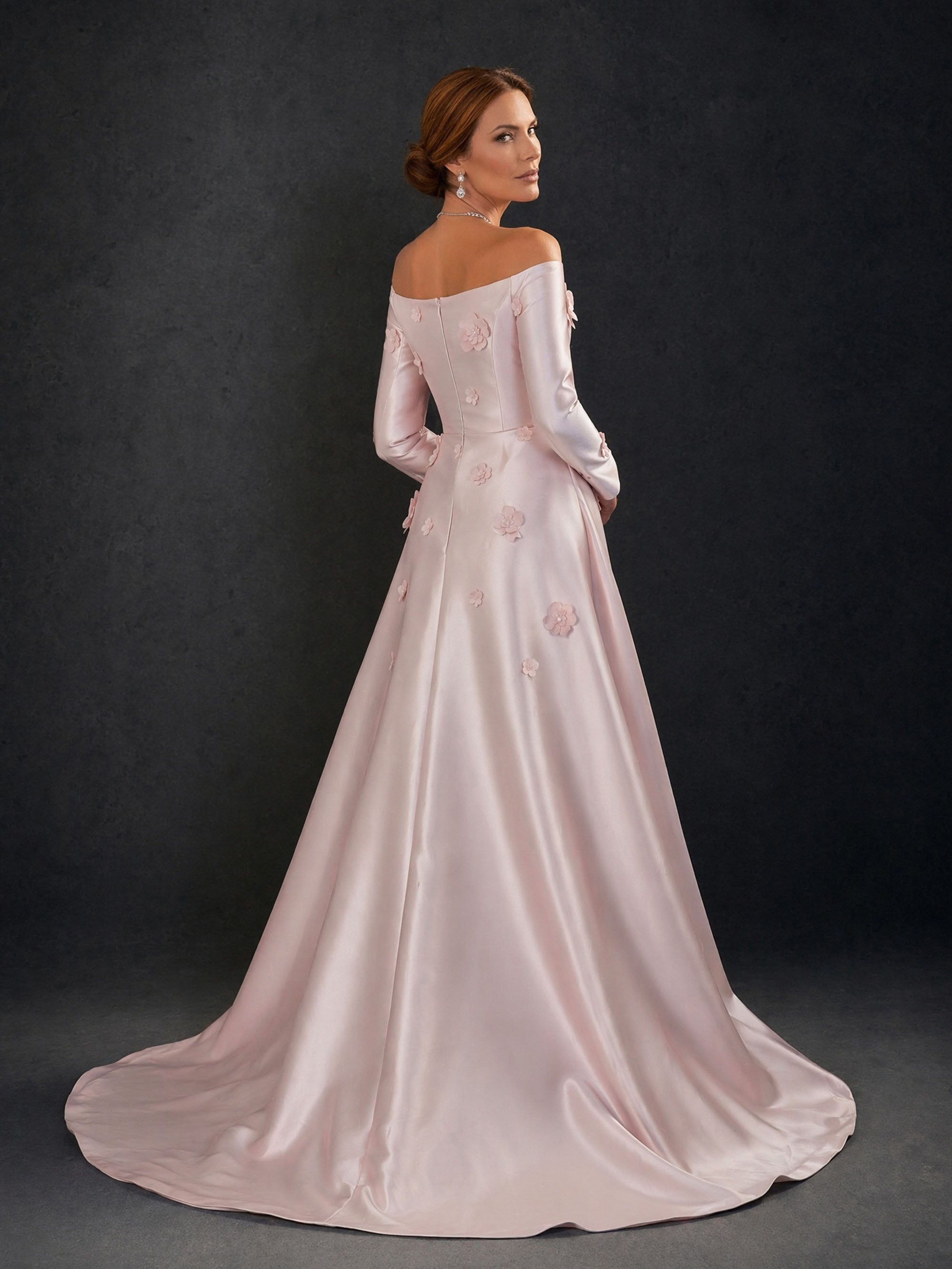 BOLODOO Blush Pink Off-Shoulder Long Sleeve 3D Floral Satin Mermaid Gown – Back View Full Length with Train