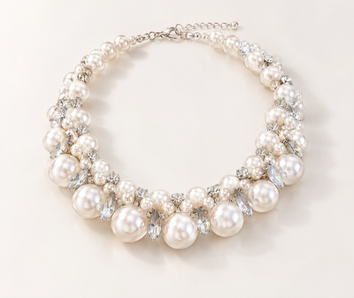 BOLODOO EE0007 ivory pearl-look bridal statement necklace with clear stones, full product view