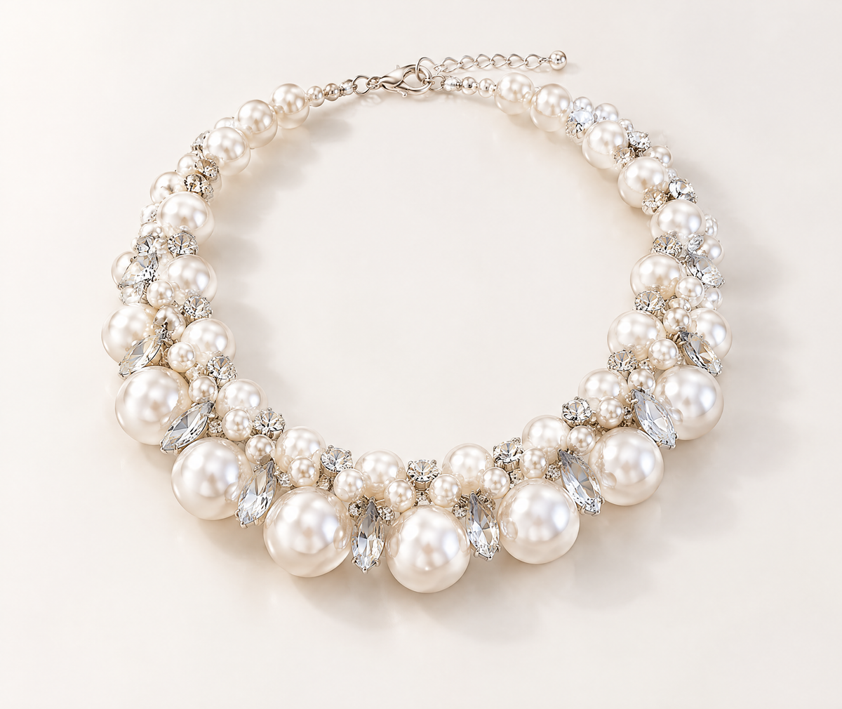 BOLODOO EE0007 ivory pearl-look bridal statement necklace with clear stones, full product view
