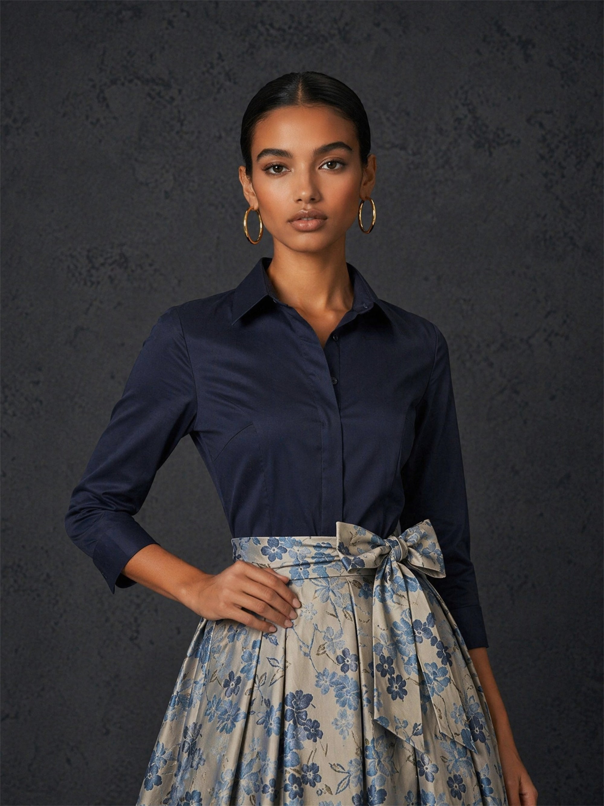 BOLODOO navy blue shirt and silver blue floral jacquard ball skirt 2-piece set - front full body view showing fitted shirt, bow belt and voluminous floor-length ball skirt