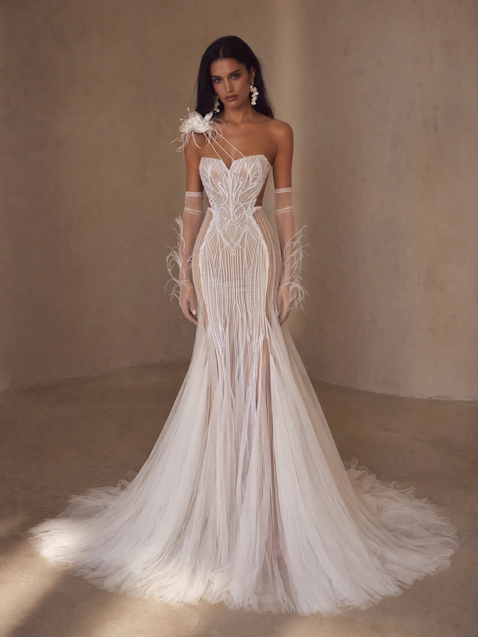 BOLODOO Ivory Strapless Sweetheart Beaded Line Embroidered Feather Trim Mermaid Wedding Gown - full front view with high slit and feather gloves