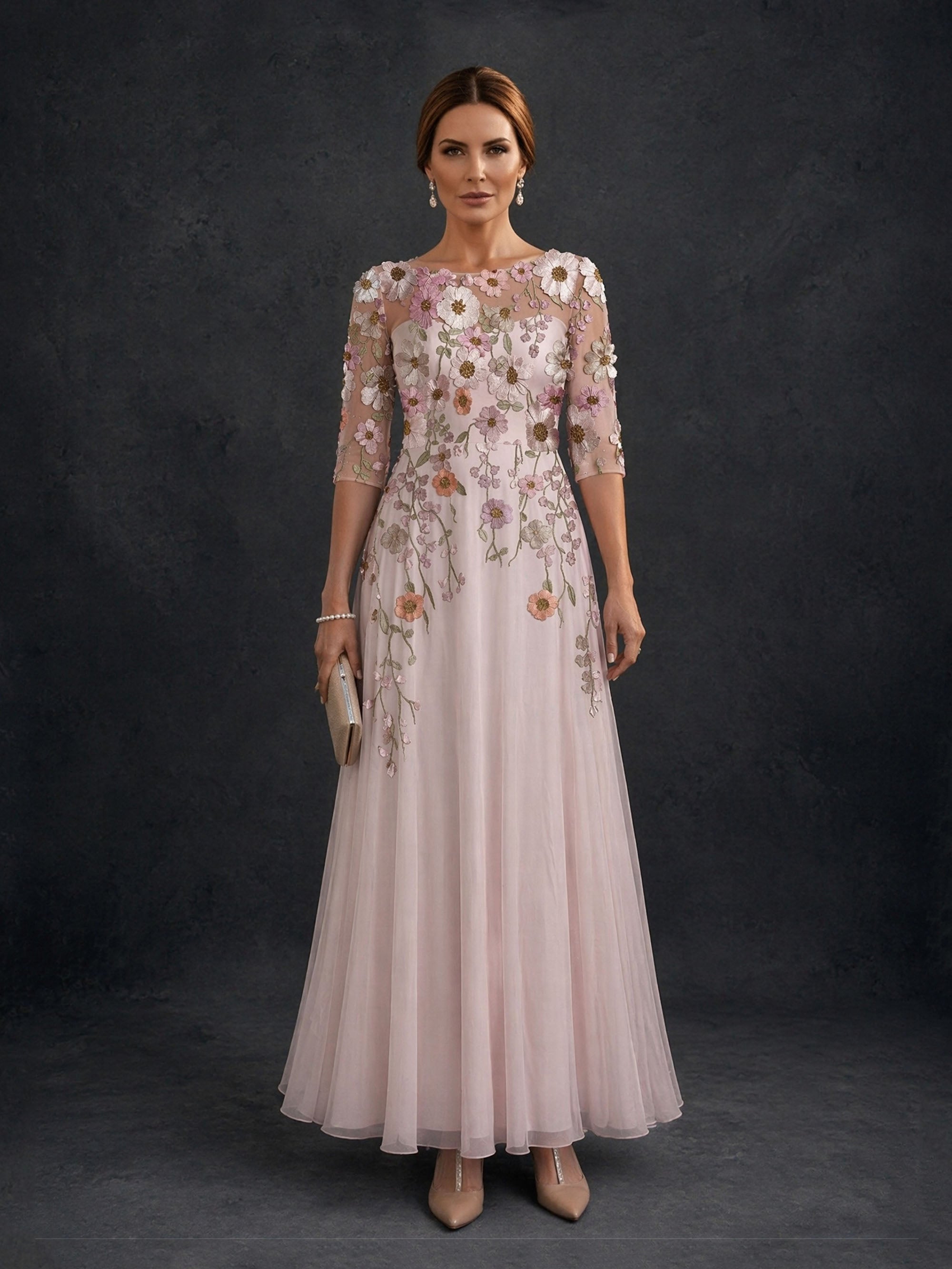 BOLODOO Blush Pink 3D Floral Vine Embroidered Illusion Tulle A-Line Gown – Front View Full Length