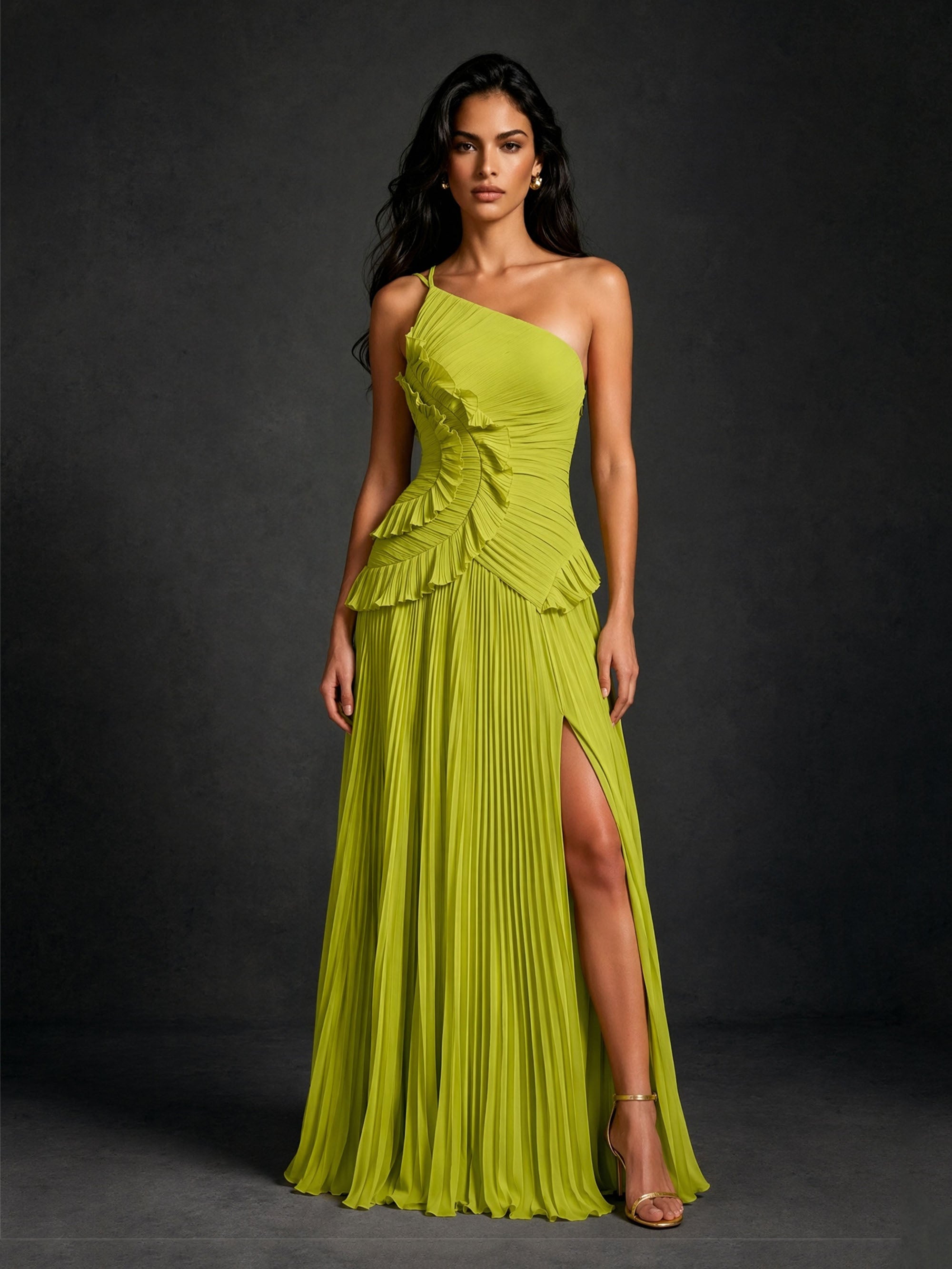 BOLODOO Chartreuse One Shoulder Ruched Ruffle Peplum Pleated Maxi Dress - Front Full Length View showing Front Slit