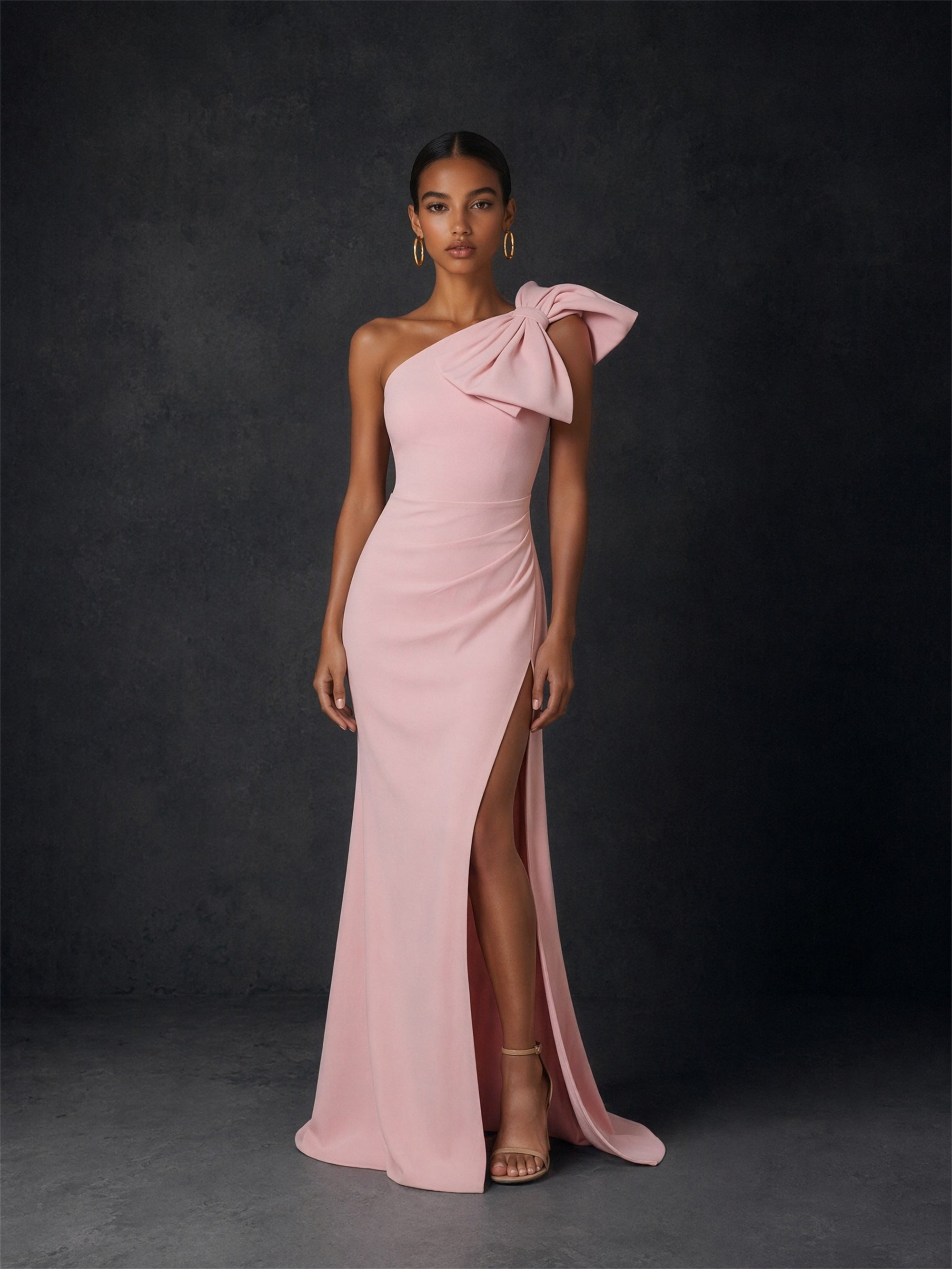 BOLODOO blush pink one-shoulder bow maxi dress - front full length standard pose showing complete gown with high slit
