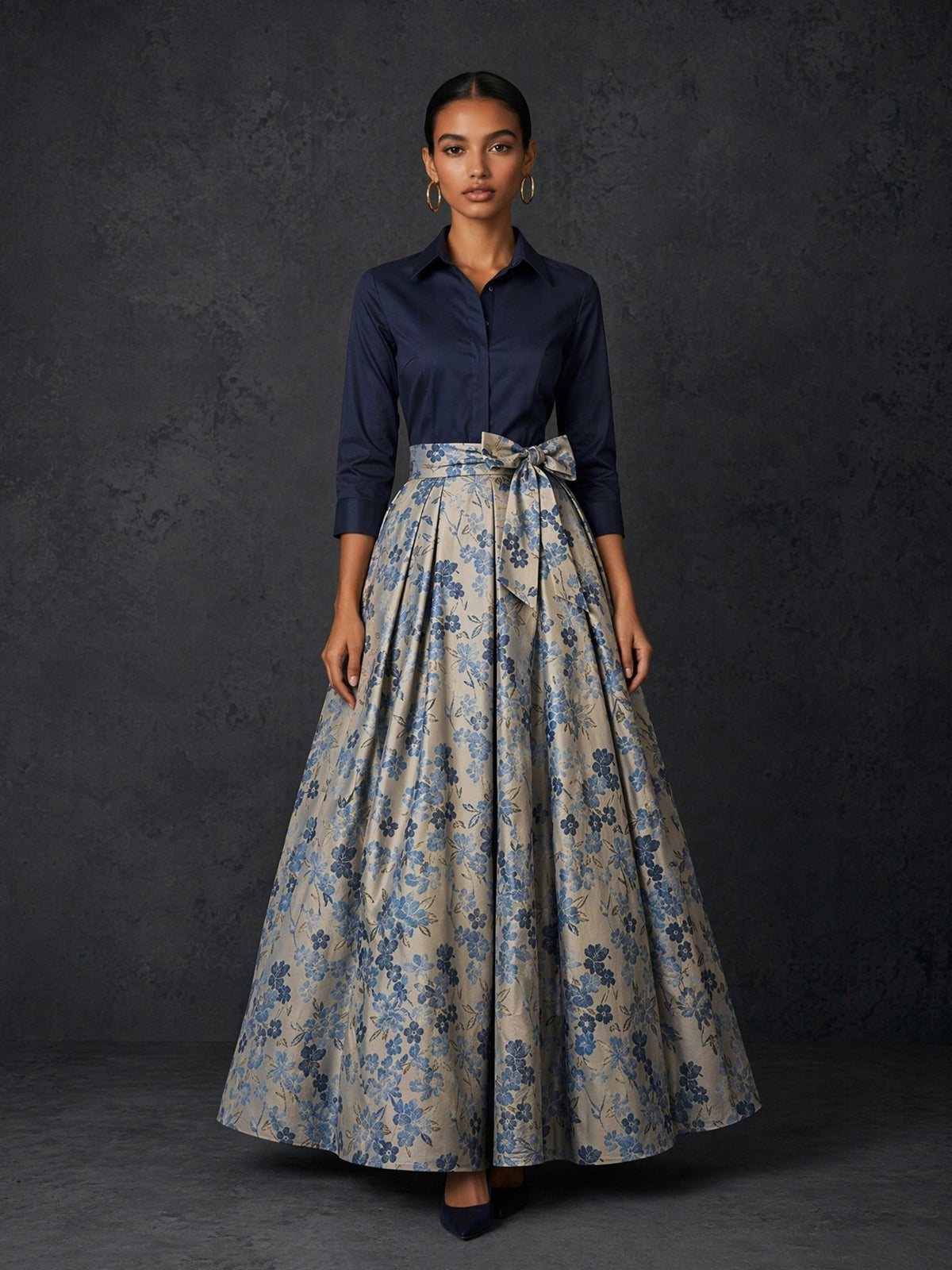 BOLODOO Navy Blue Shirt & Silver Blue Floral Jacquard Ball Skirt 2-Piece Set – 3/4 Sleeve Bow Belt Floor Length Mother o