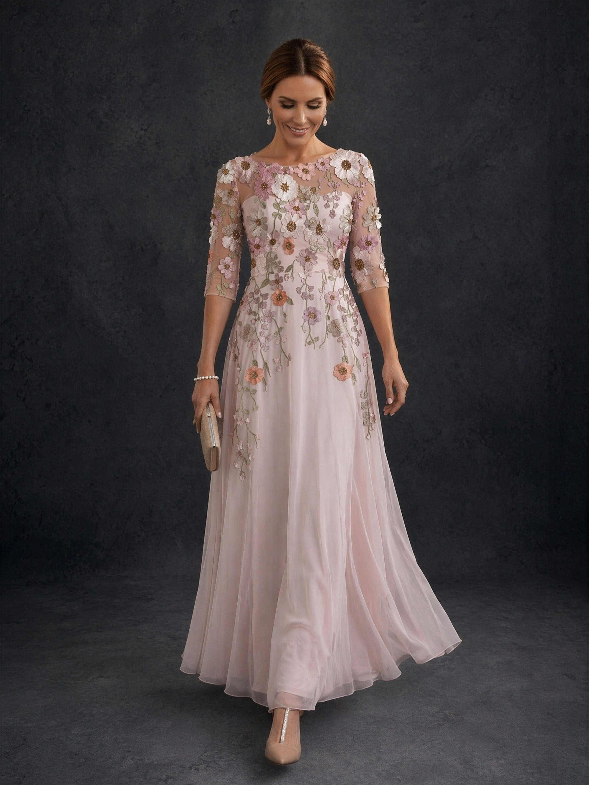 BOLODOO Blush Pink 3D Floral Vine Embroidered Illusion Tulle A-Line Gown – Back View Full Length