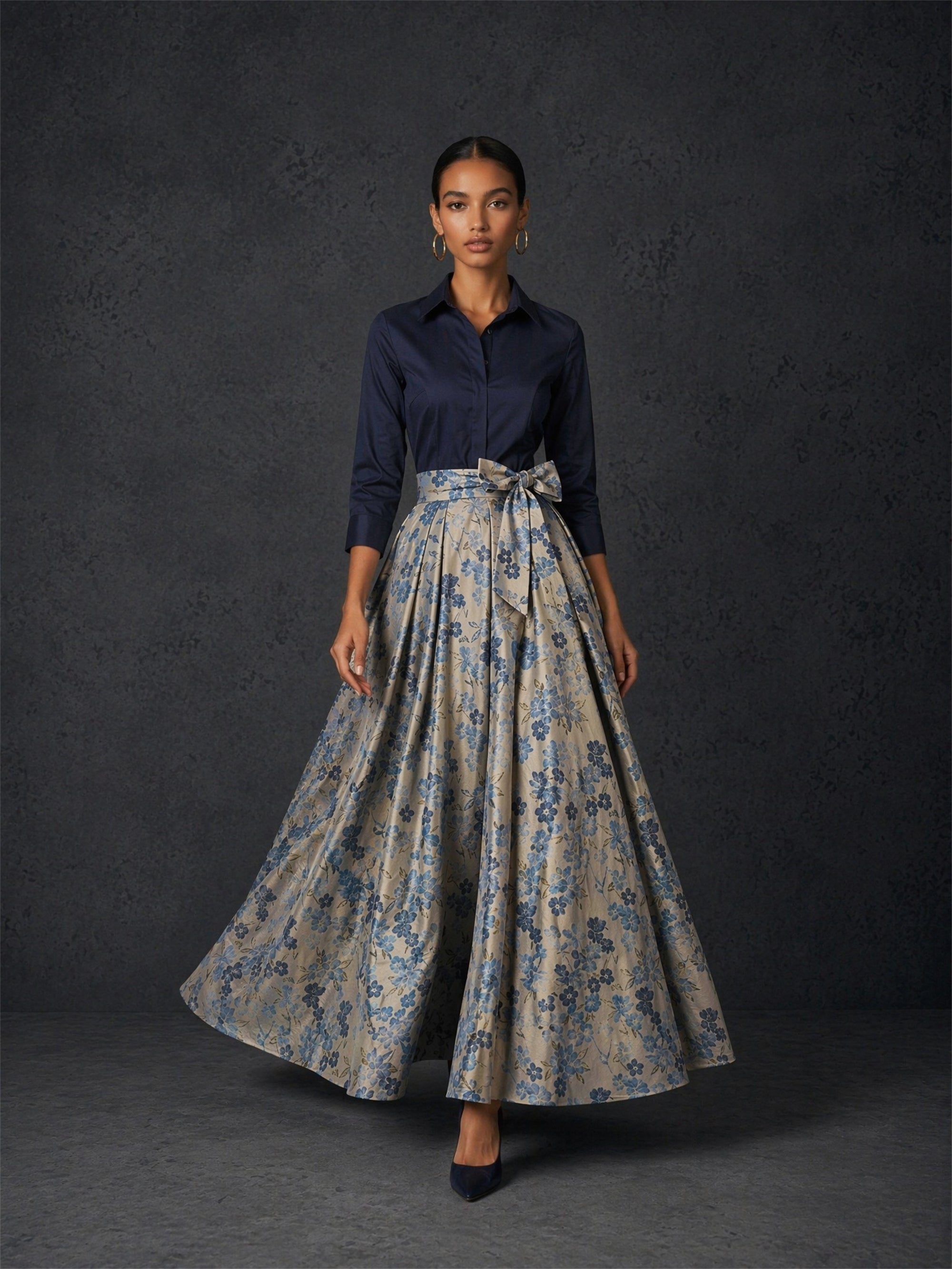 BOLODOO navy blue shirt and silver blue floral jacquard skirt set - front close-up showing point collar, 3/4 sleeve, self-tie jacquard bow belt and box pleat skirt waist