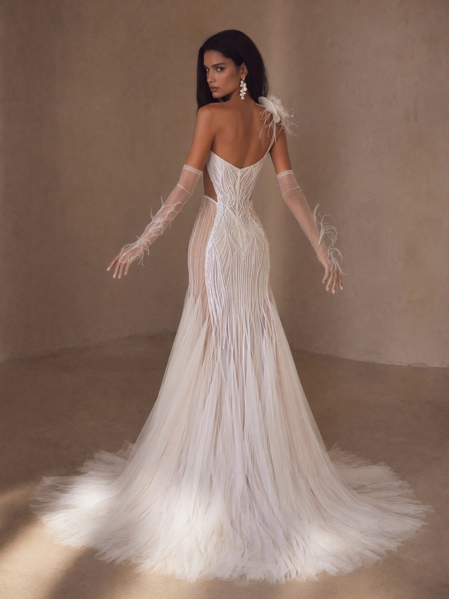 BOLODOO Ivory Strapless Sweetheart Beaded Line Embroidered Feather Trim Mermaid Wedding Gown - back view open back with feather train
