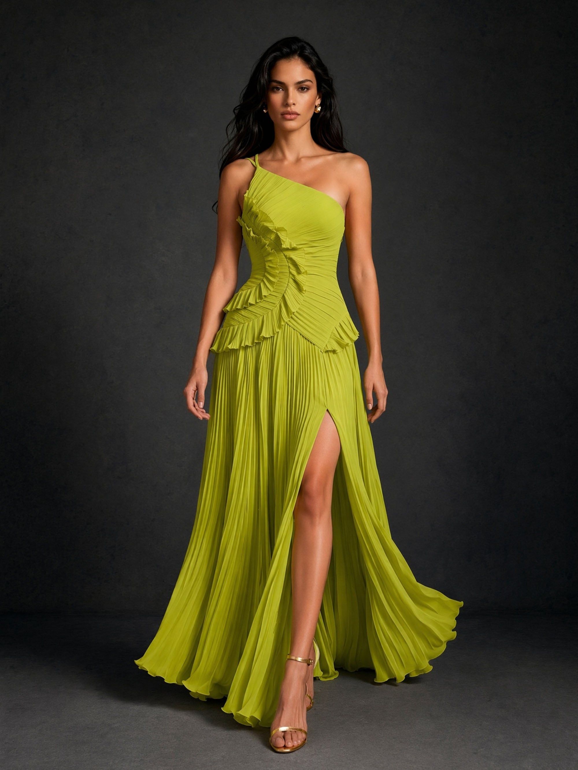 BOLODOO Chartreuse One Shoulder Ruched Ruffle Peplum Pleated Maxi Dress - Front Upper Body Close Up showing Ruffle Peplum Detail
