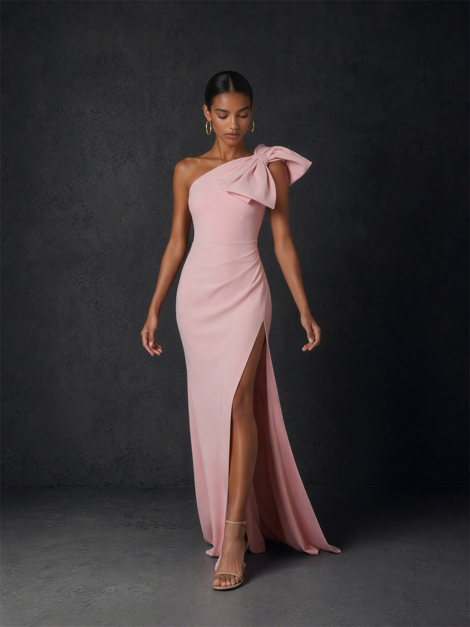 BOLODOO blush pink one-shoulder bow maxi dress - back half body view showing open back and bow detail