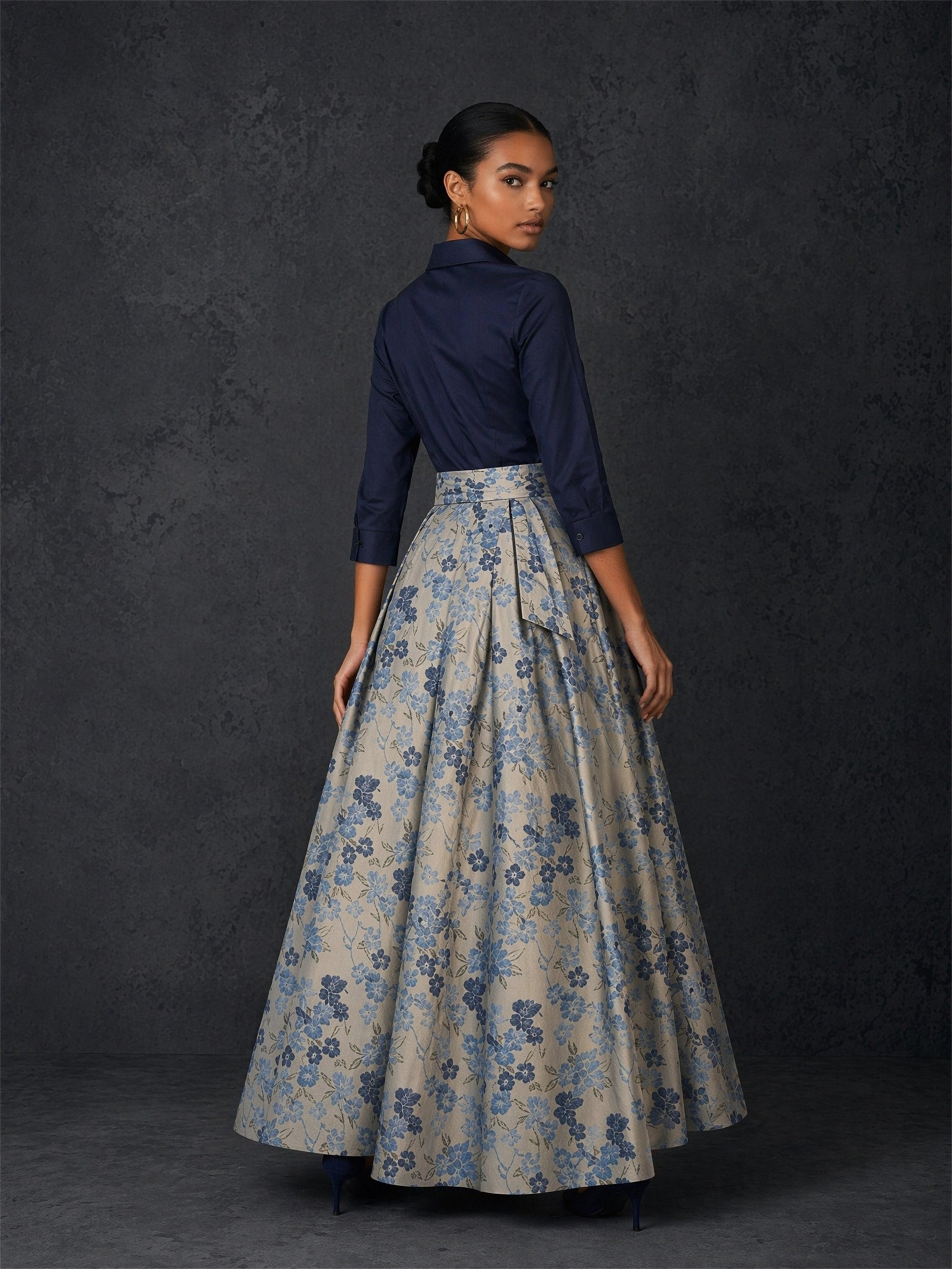 BOLODOO navy shirt and silver blue floral jacquard ball skirt 2-piece set - back view showing fitted shirt back, bow belt and sweeping floor-length jacquard ball skirt