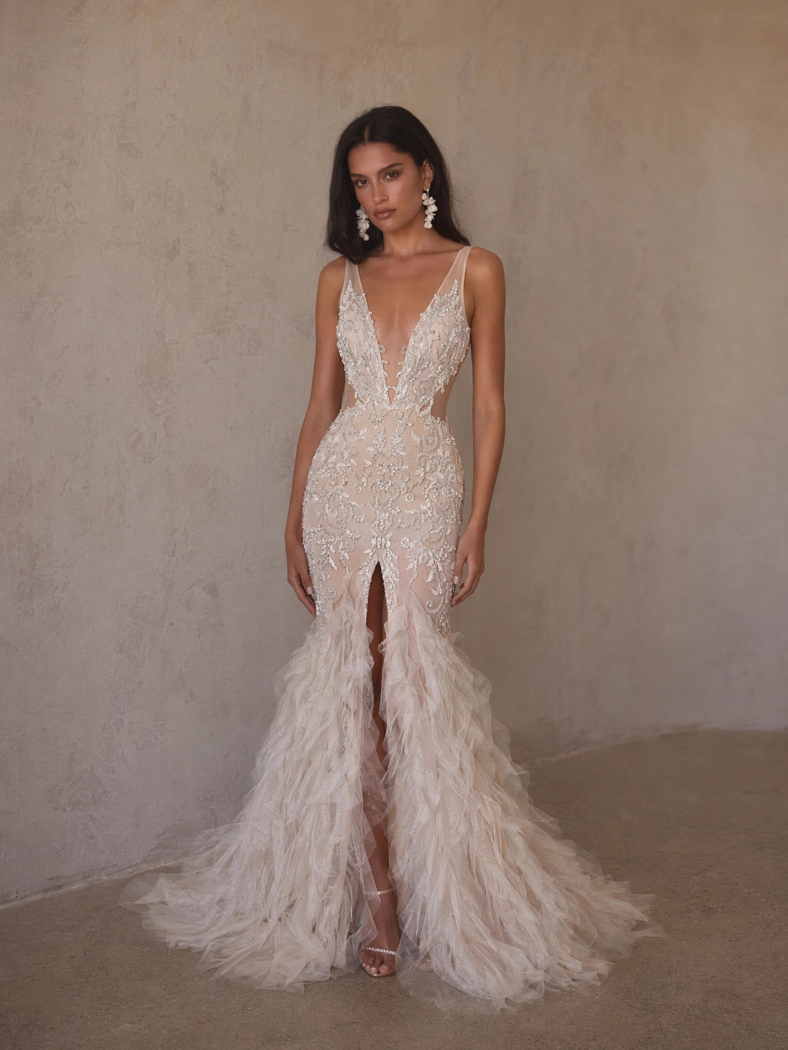 BOLODOO Ivory Deep V-Neck Spaghetti Strap Floral Beaded Mermaid Wedding Gown - full front view with feather hem and high slit