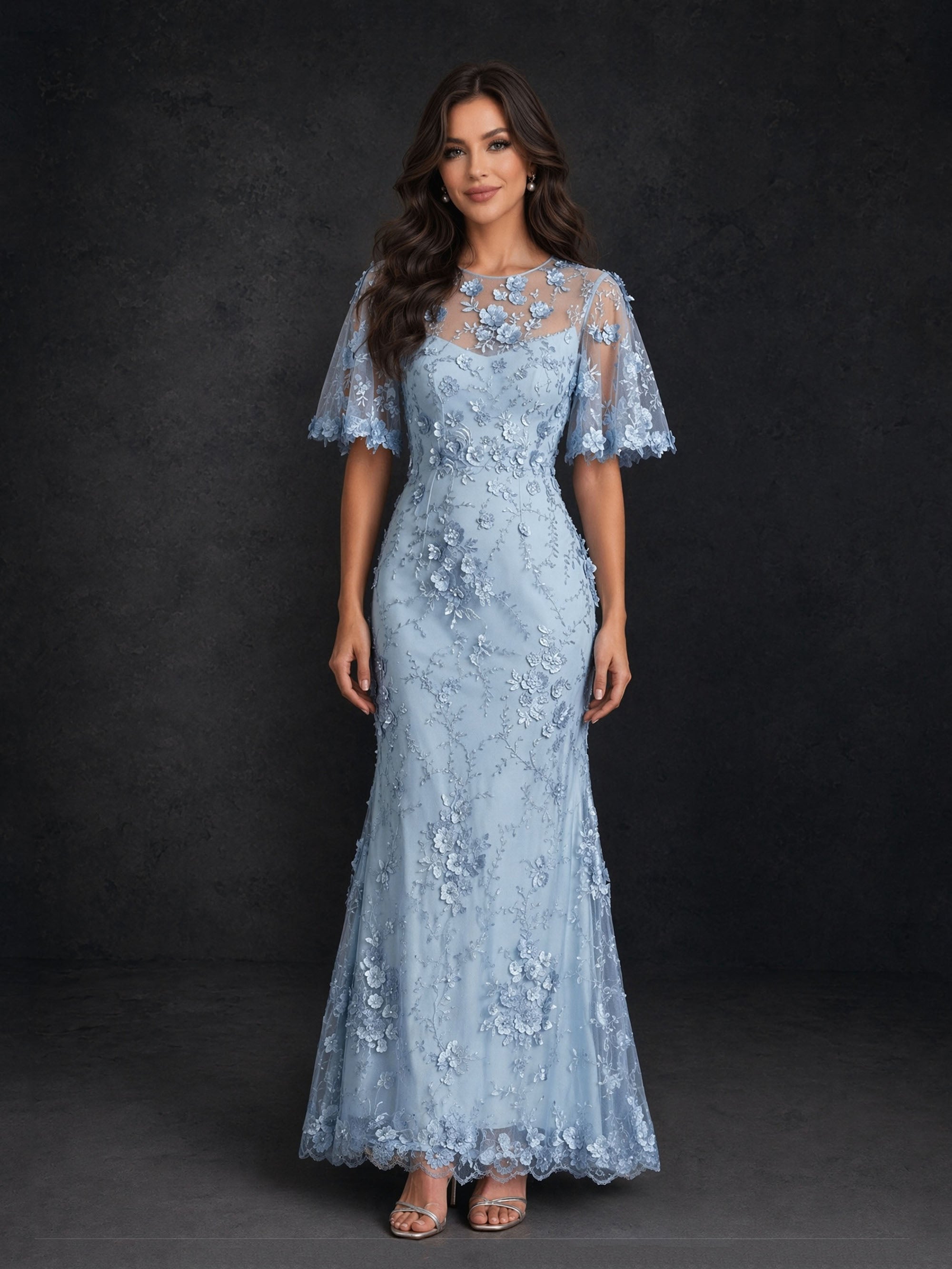 BOLODOO Powder Blue 3D Floral Lace Flutter Sleeve Mermaid Maxi Dress - Front Full Length View Hands Clasped