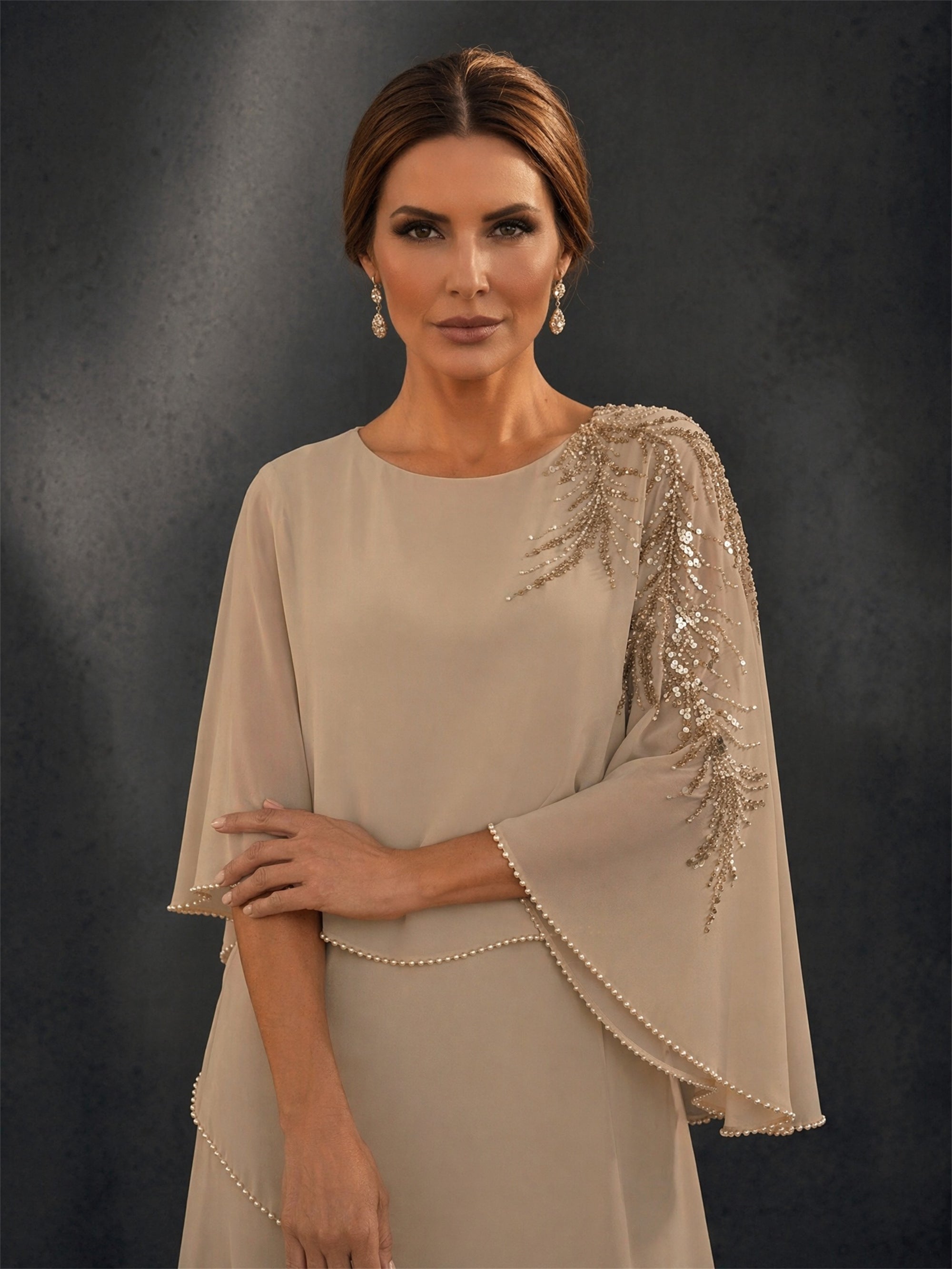 BOLODOO Champagne Mocha Asymmetric Cape Sleeve Gold Sequin Tiered Chiffon Gown – Front View Full Length with Clutch
