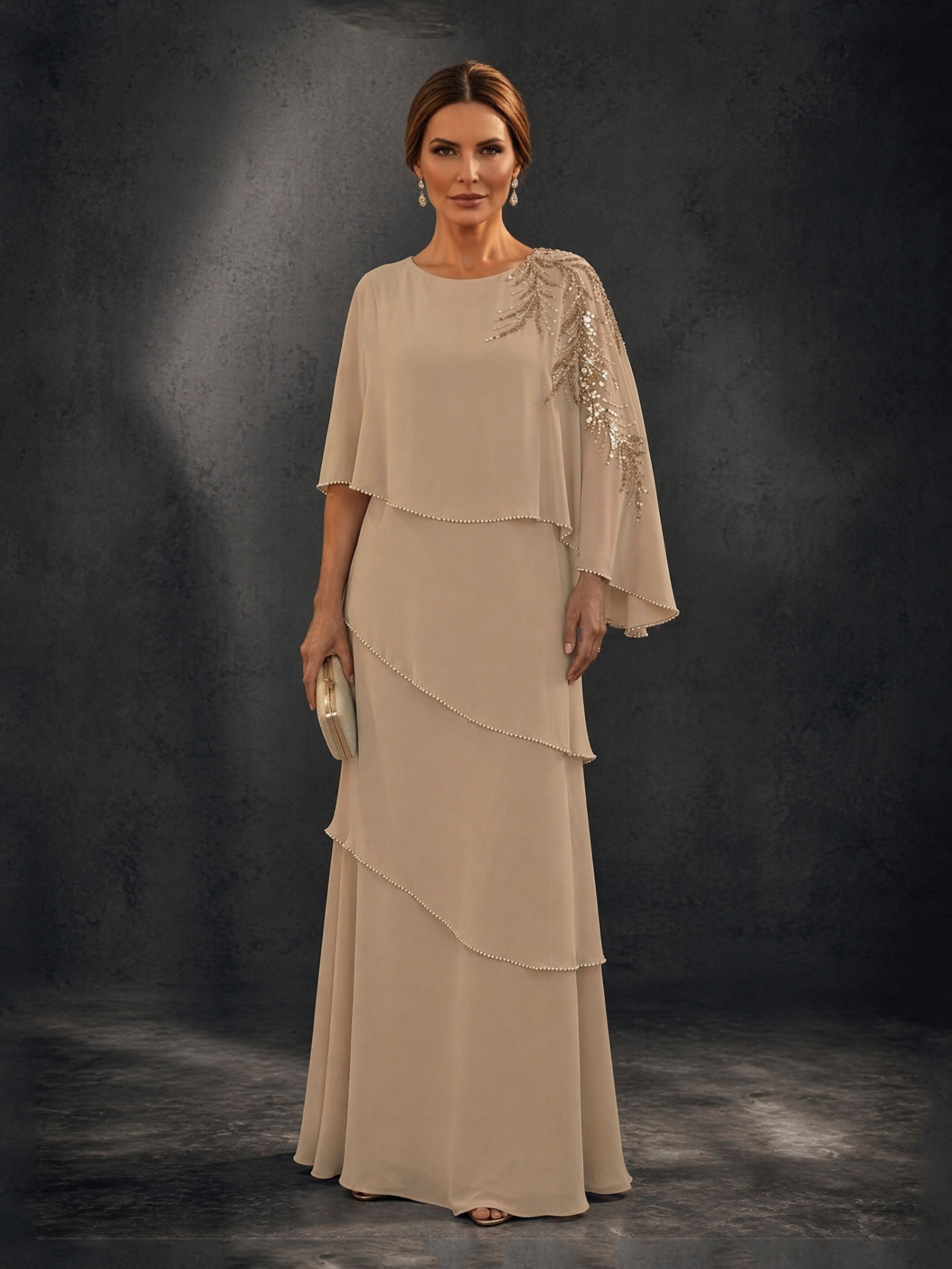 BOLODOO Champagne Mocha Asymmetric Cape Sleeve Gold Sequin Tiered Chiffon Gown – Upper Body Cape & Gold Sequin Embroidery Close-Up